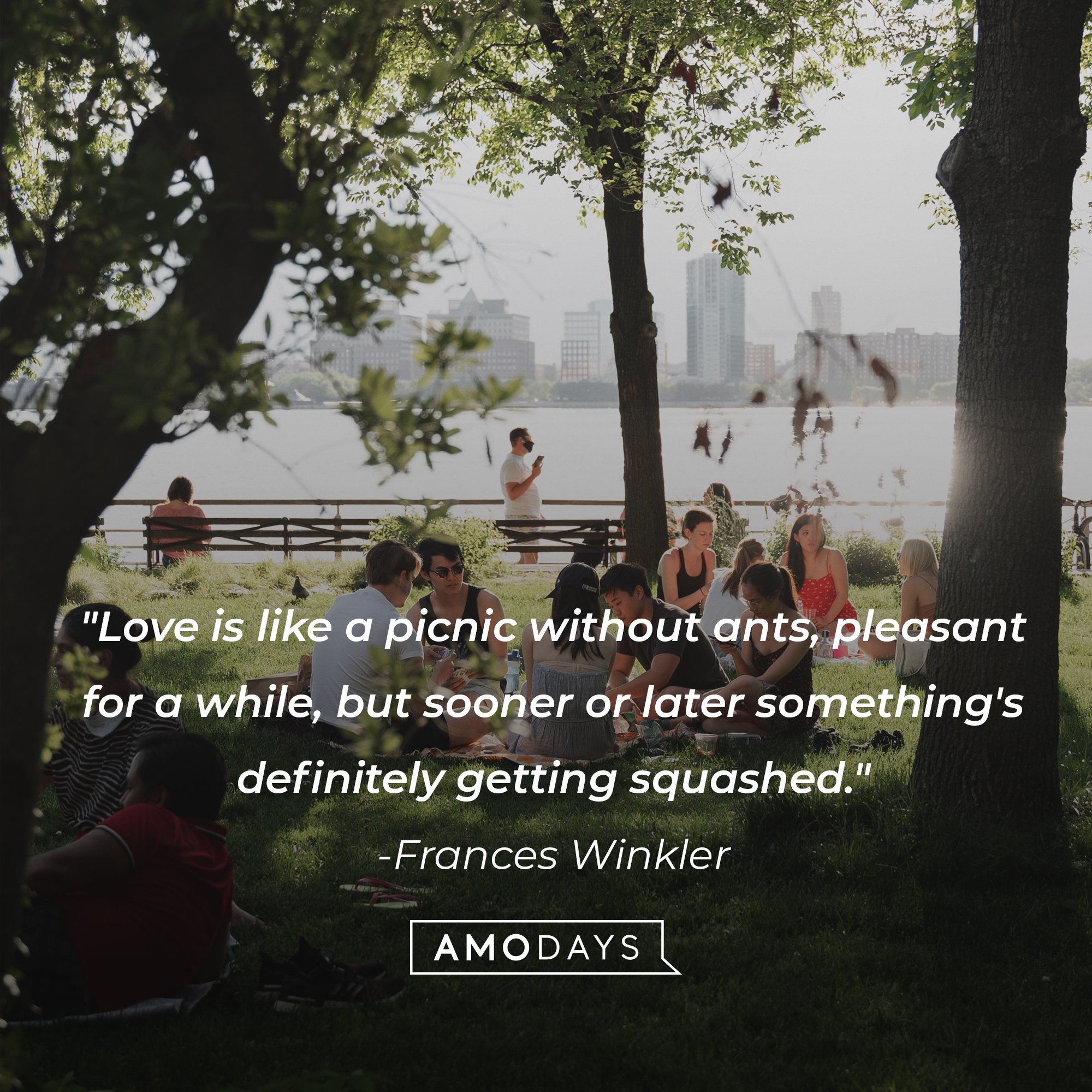 Frances Winkler's quote: "Love is like a picnic without ants, pleasant for a while, but sooner or later something's definitely getting squashed." | Image: AmoDays