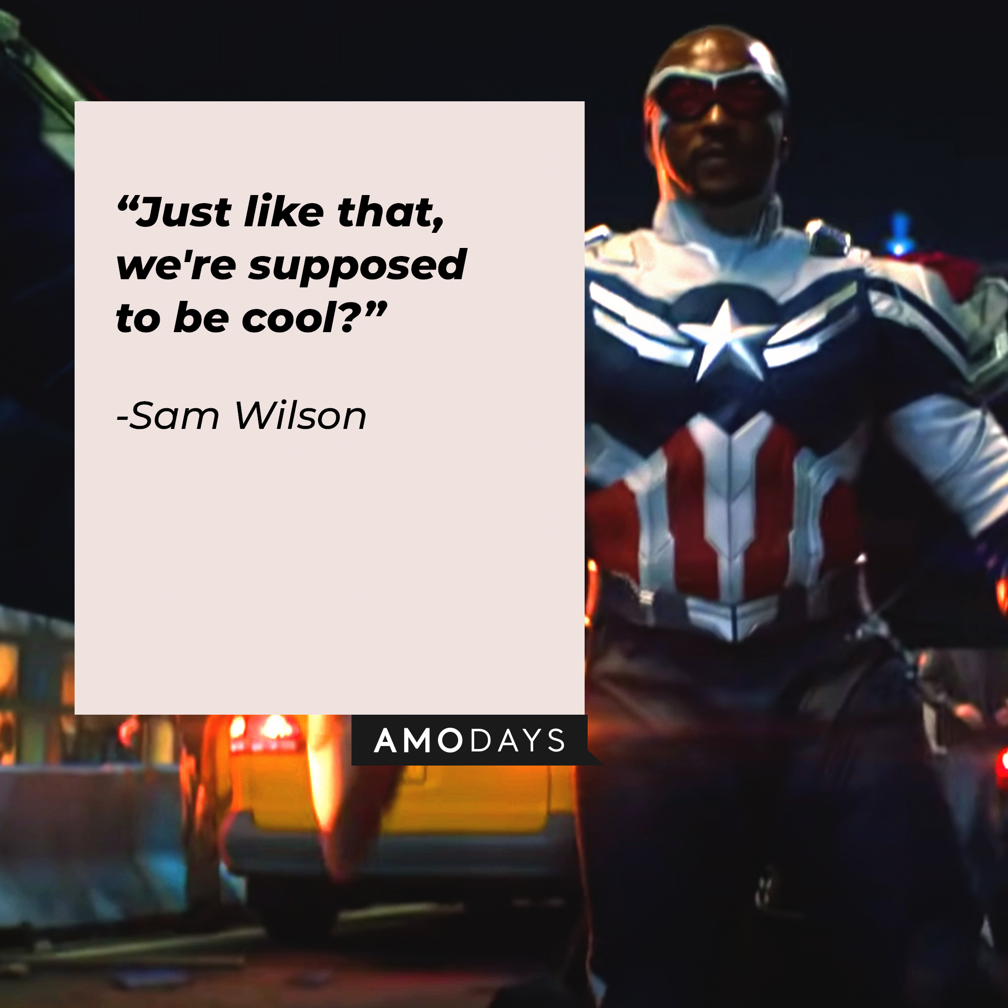Sam Wilson, with his quote: "Just like that, we're supposed to be cool?" | Source: Youtube.com/marvel