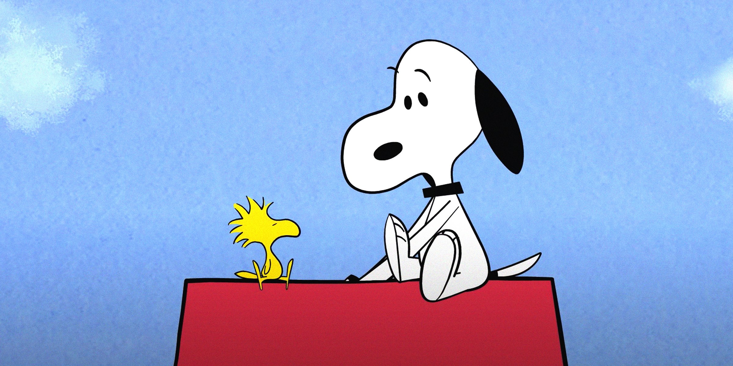 youtube.com/Snoopy |  Snoopy and Woodstock sitting on top of his dog house together