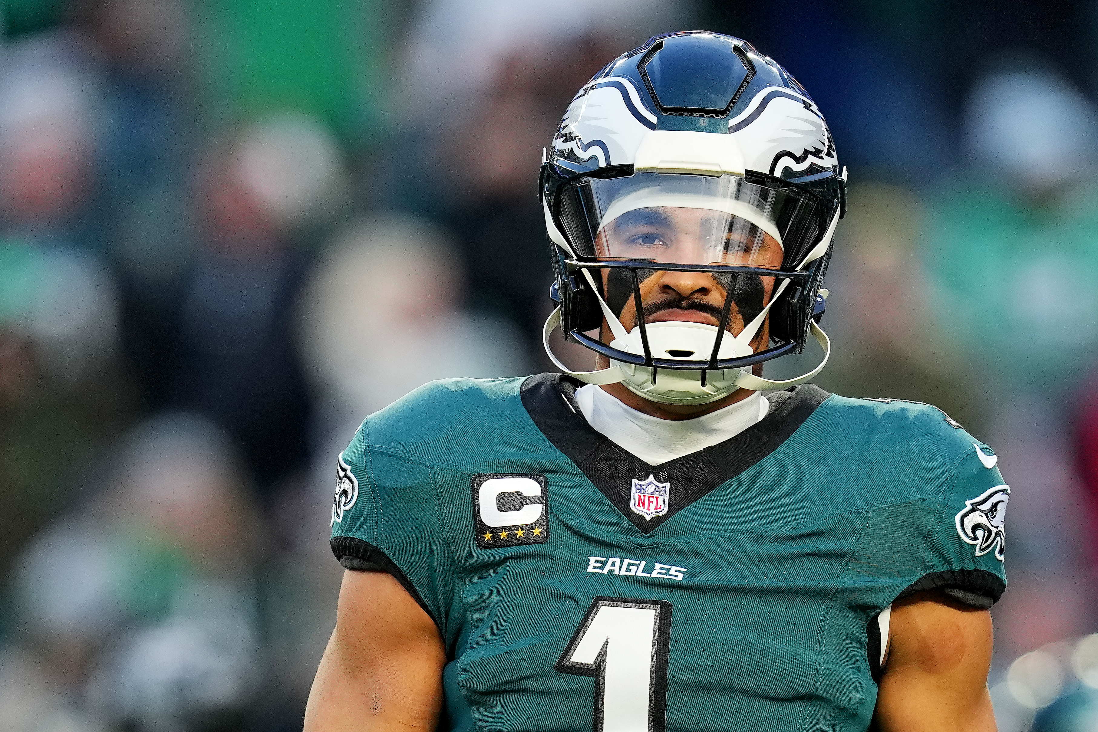 Quarterback Jalen Hurts #1 of the Philadelphia Eagles warms up prior to a game against the Green Bay Packers during the NFC Wild Card Playoff at Lincoln Financial Field on January 12, 2025, in Philadelphia, Pennsylvania | Source: Getty Images