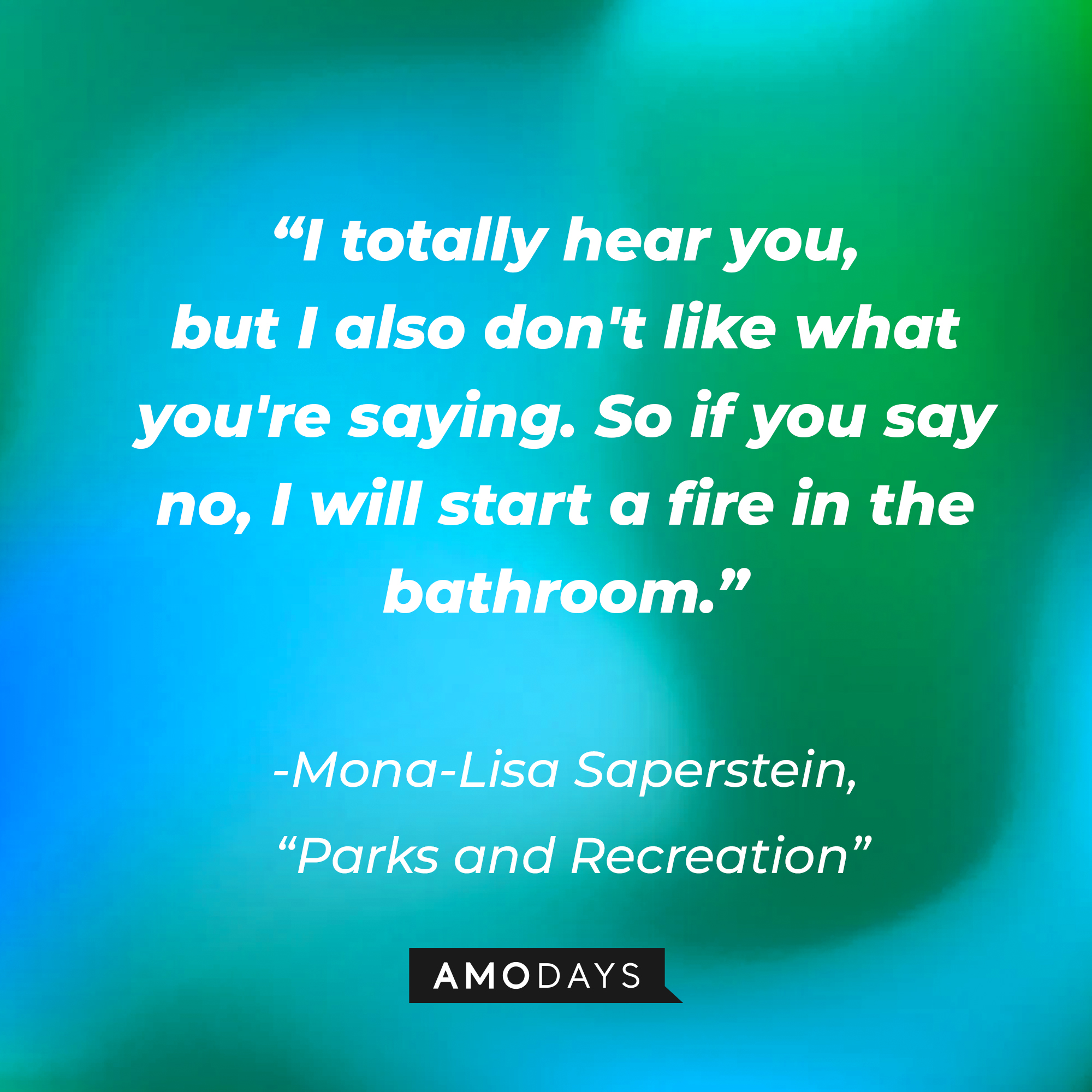 Mona-Lisa Saperstein's quote on "Parks and Recreation:" “I totally hear you, but I also don't like what you're saying. So if you say no, I will start a fire in the bathroom." | Source: AmoDays