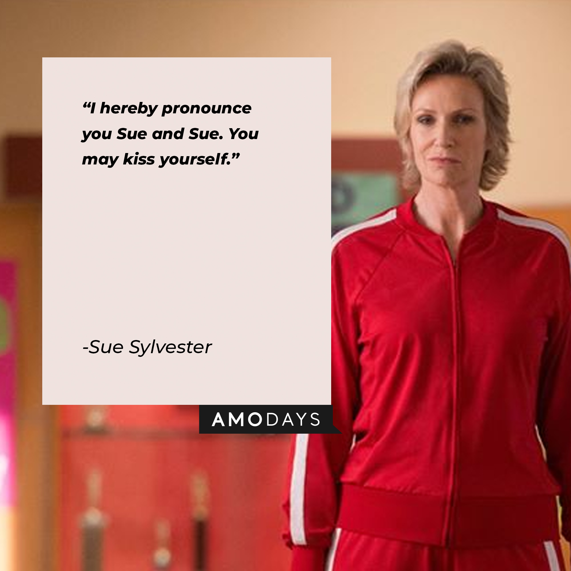 A picture of Sue Sylester with a quote by her : “I hereby pronounce you Sue and Sue. You may kiss yourself.” | Source: facebook.com/Glee