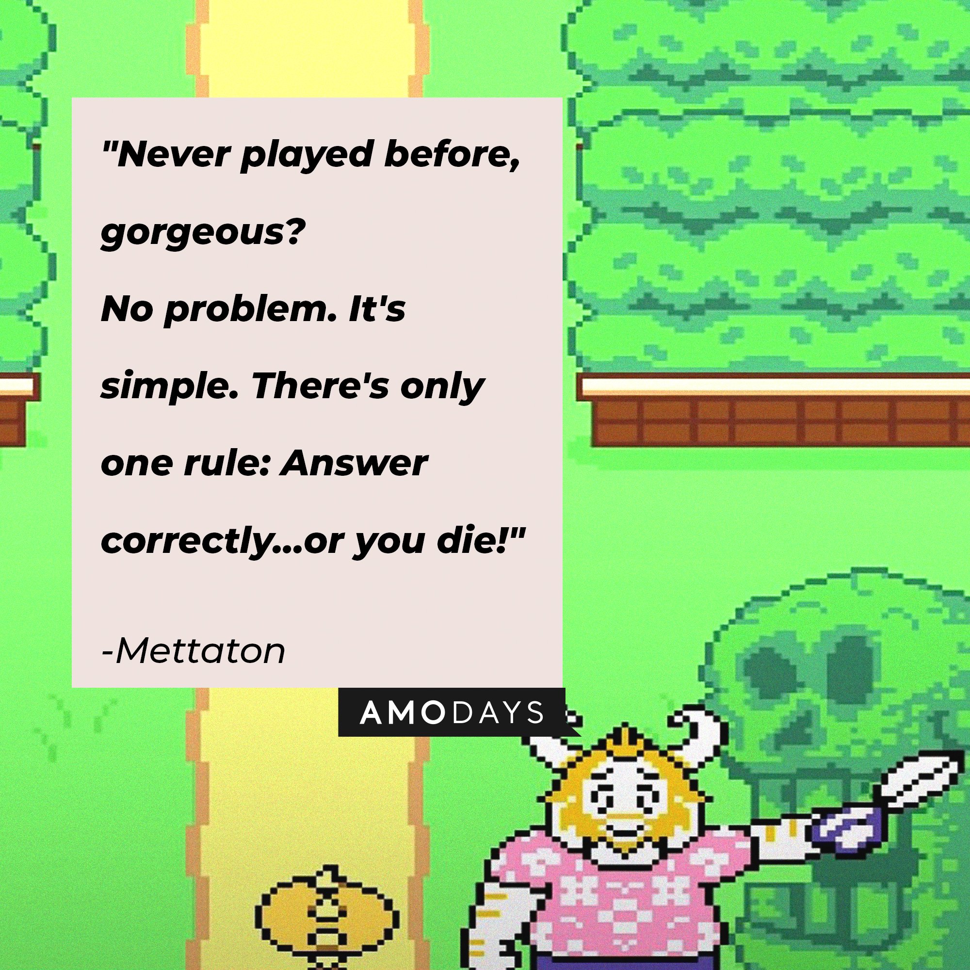 Mettatons’ quote: "Never played before, gorgeous? No problem. It's simple. There's only one rule: Answer correctly…or you die!" | Image: AmoDays