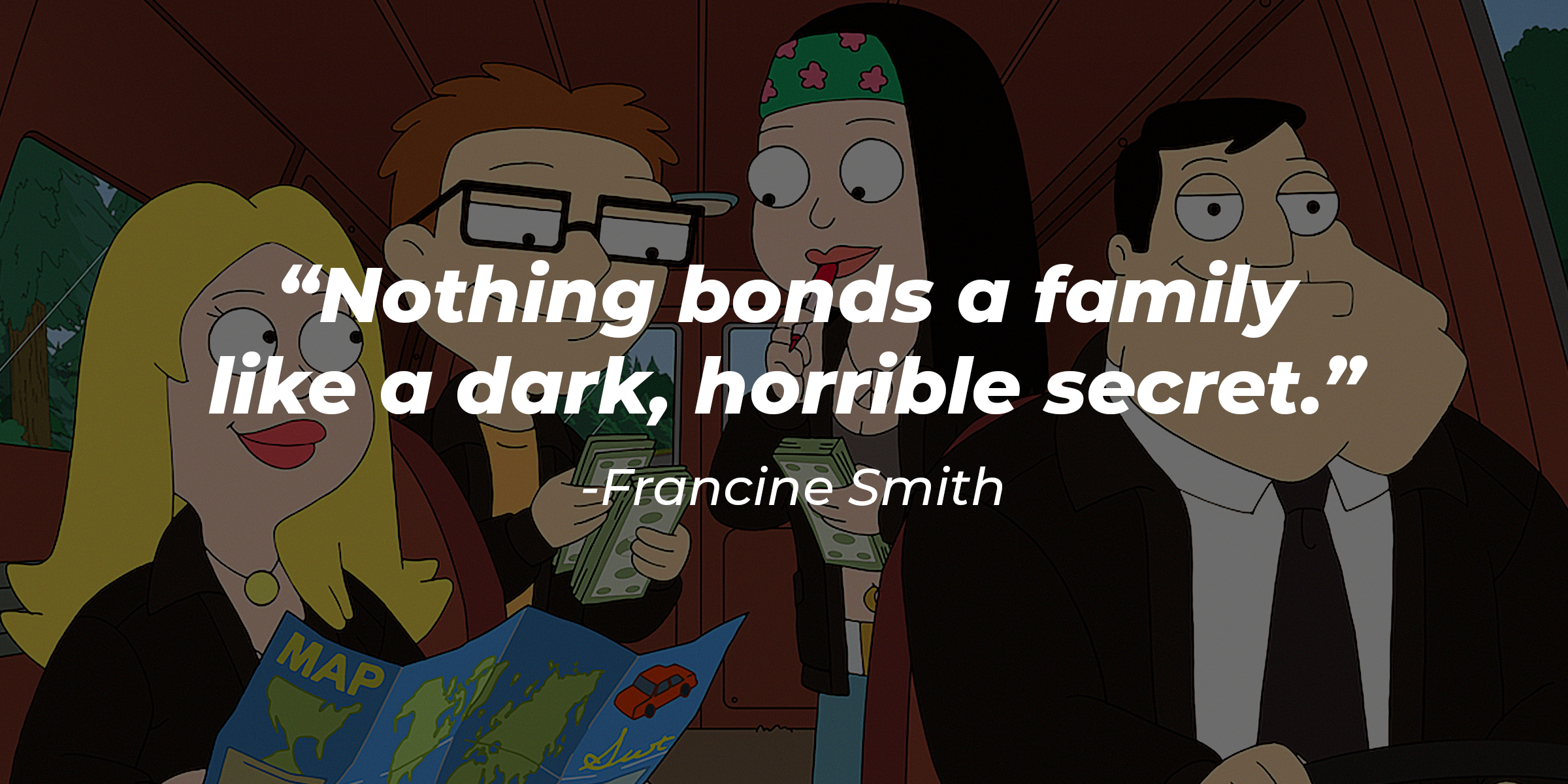 An image of the Smith family with Francine Smith's quote, "Nothing bonds a family like a dark, horrible secret." | Source: facebook.com/AmericanDad
