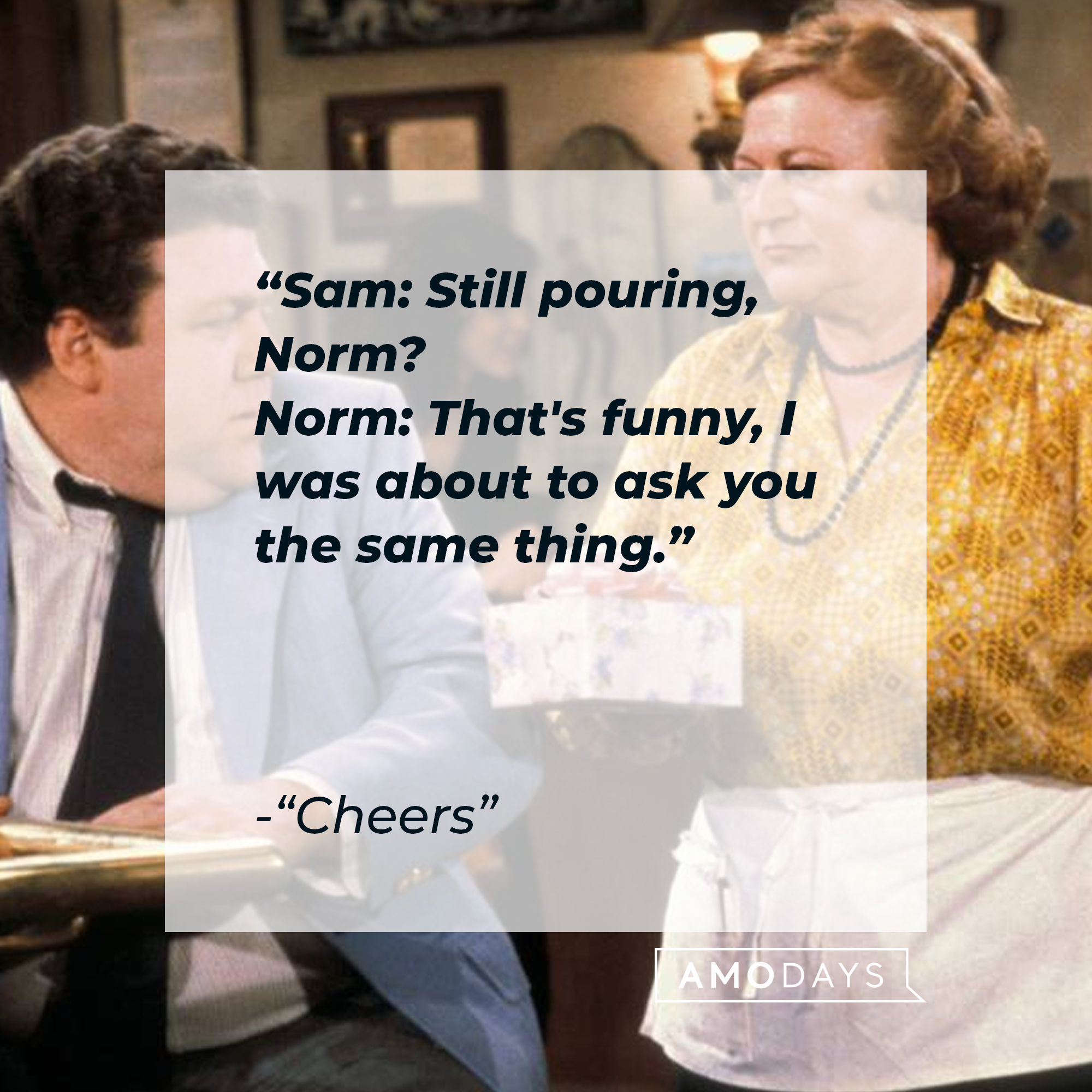 Norm Peterson with his quote: "Sam: Still pouring, Norm? ; Norm: That's funny, I was about to ask you the same thing." | Source: Facebook.com/Cheers