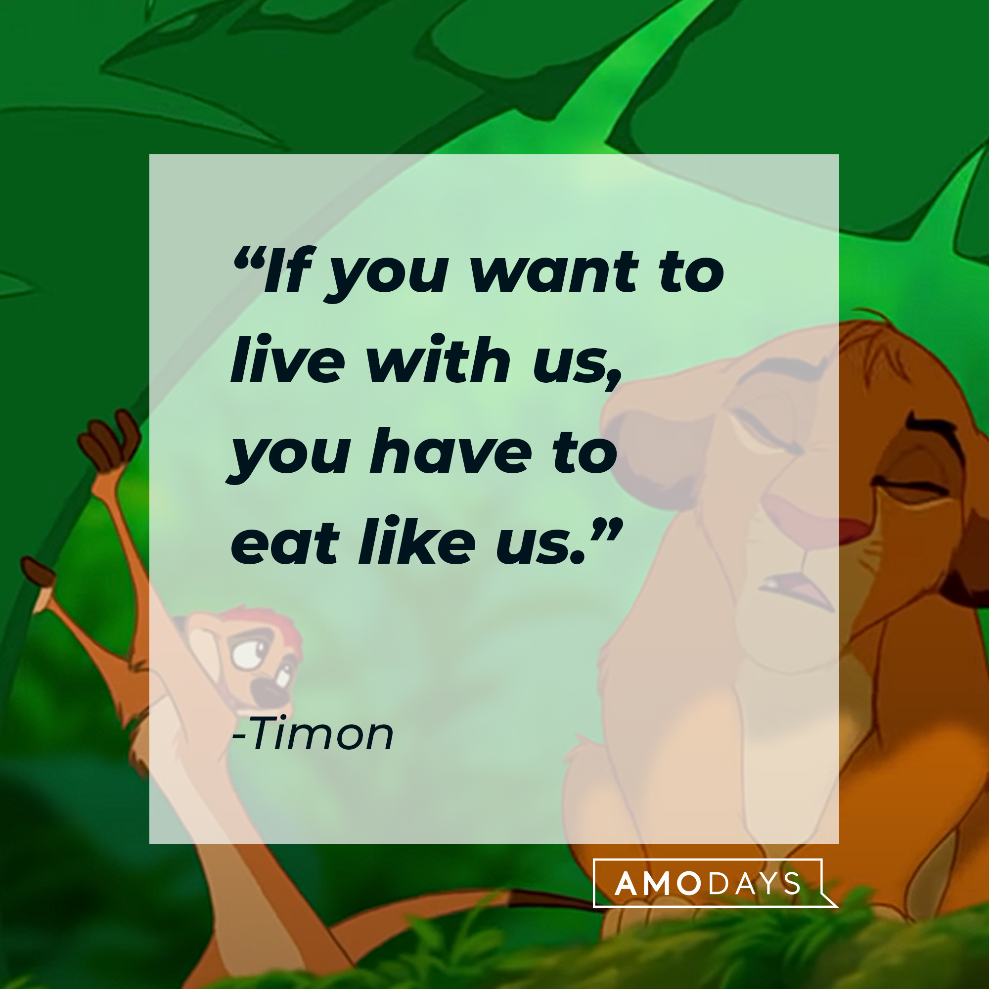 Timon and Simba, with Timon’s quote: “If you want to live with us, you have to eat like us.” | Source: youtube.com/disneyfr