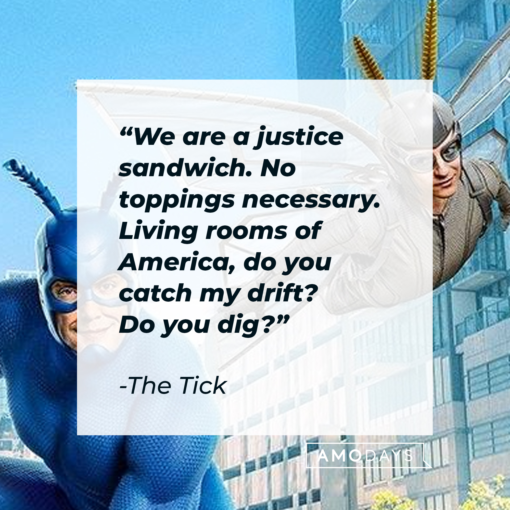 The Tick's quote: "We are a justice sandwich. No toppings necessary. Living rooms of America, do you catch my drift? Do you dig?" | Source: Facebook.com/TheTick