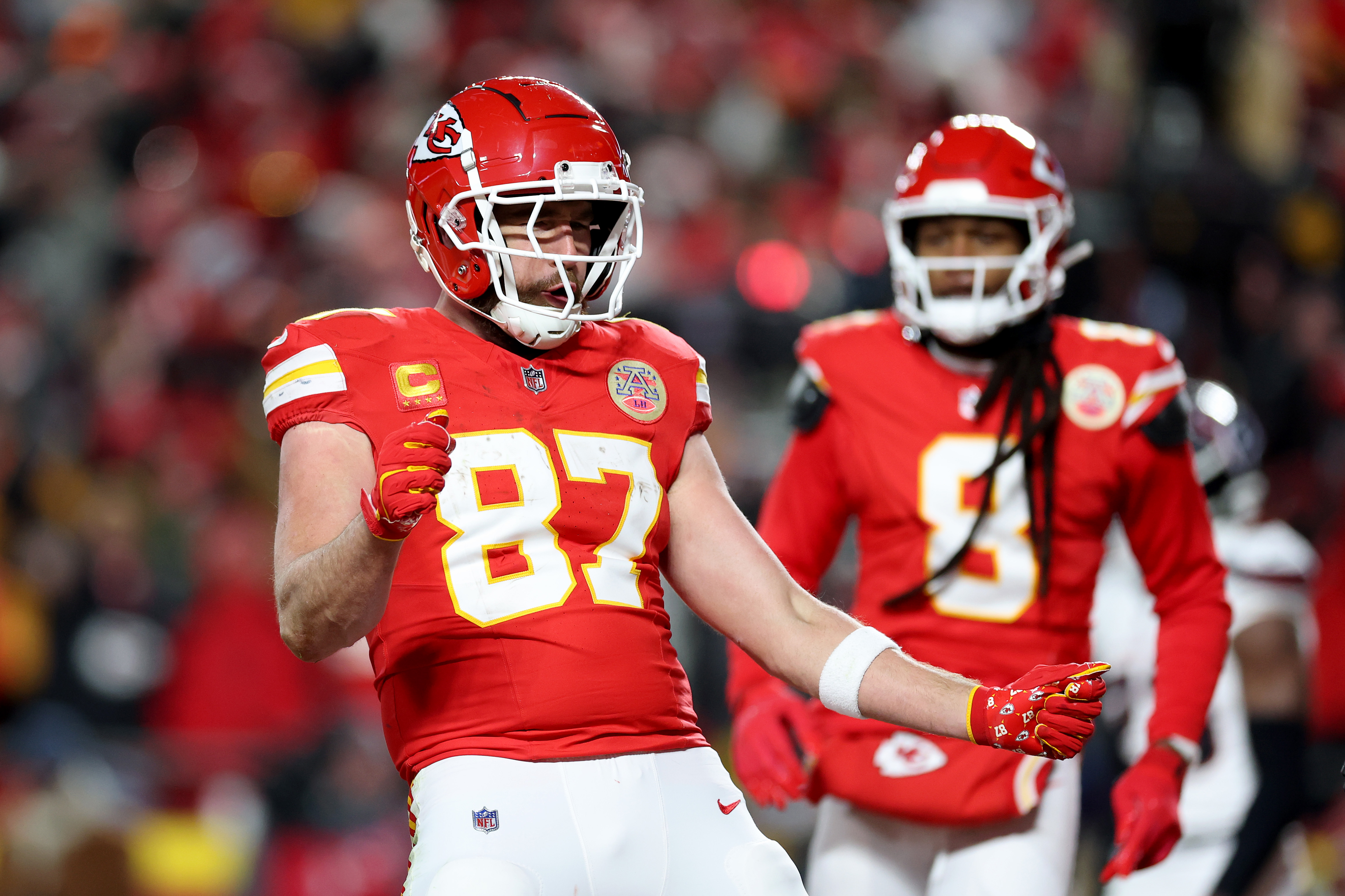 Travis Kelce #87 of the Kansas City Chiefs celebrates after scoring a touchdown against the Houston Texans during the fourth quarter in the AFC Divisional Playoff at GEHA Field at Arrowhead Stadium on January 18, 2025, in Kansas City, Missouri | Source: Getty Images