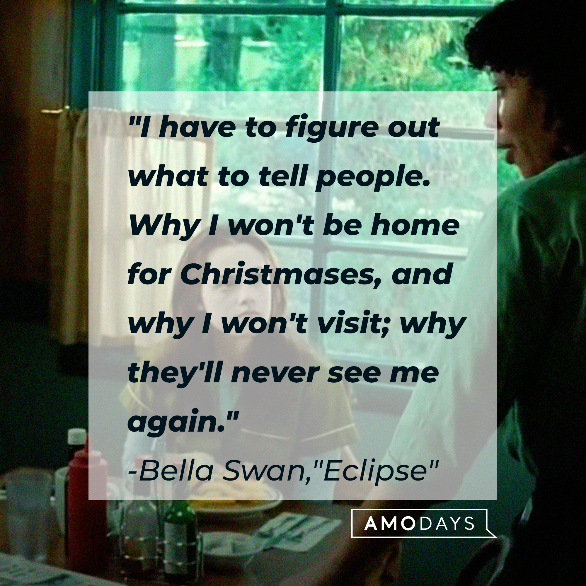 Bella Swan with her quote: "I have to figure out what to tell people. Why I won't be home for Christmases, and why I won't visit; why they'll never see me again." | Source: Facebook.com/twilight