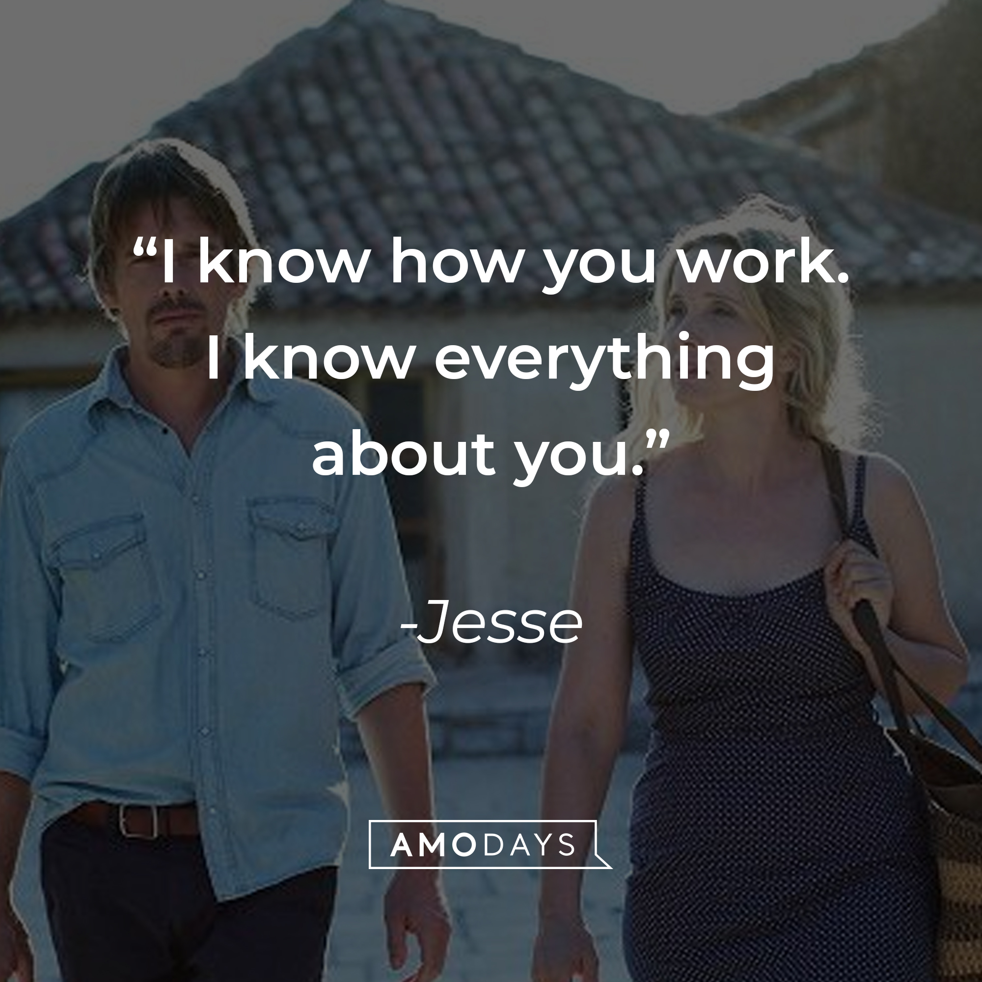 Jesse, with two other characters: “I know how you work. I know everything about you.” │Source: facebook.com/BeforeMidnightFilm