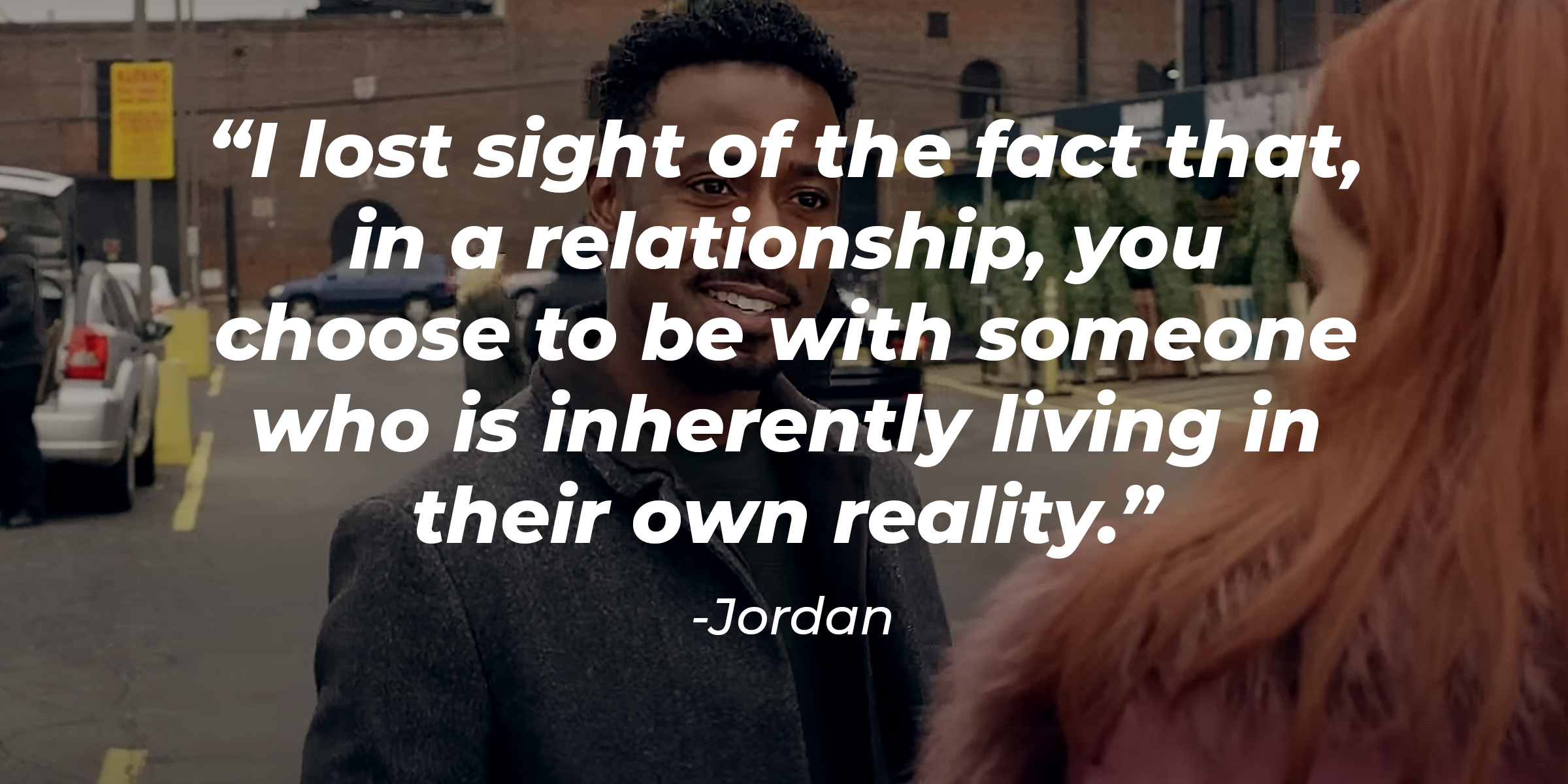 An image of the character Jeff from "Moder Love" with a quote by the character Jordan: “I lost sight of the fact that, in a relationship, you choose to be with someone who is inherently living in their own reality.” | Source: Youtube.com/PrimeVideoUK