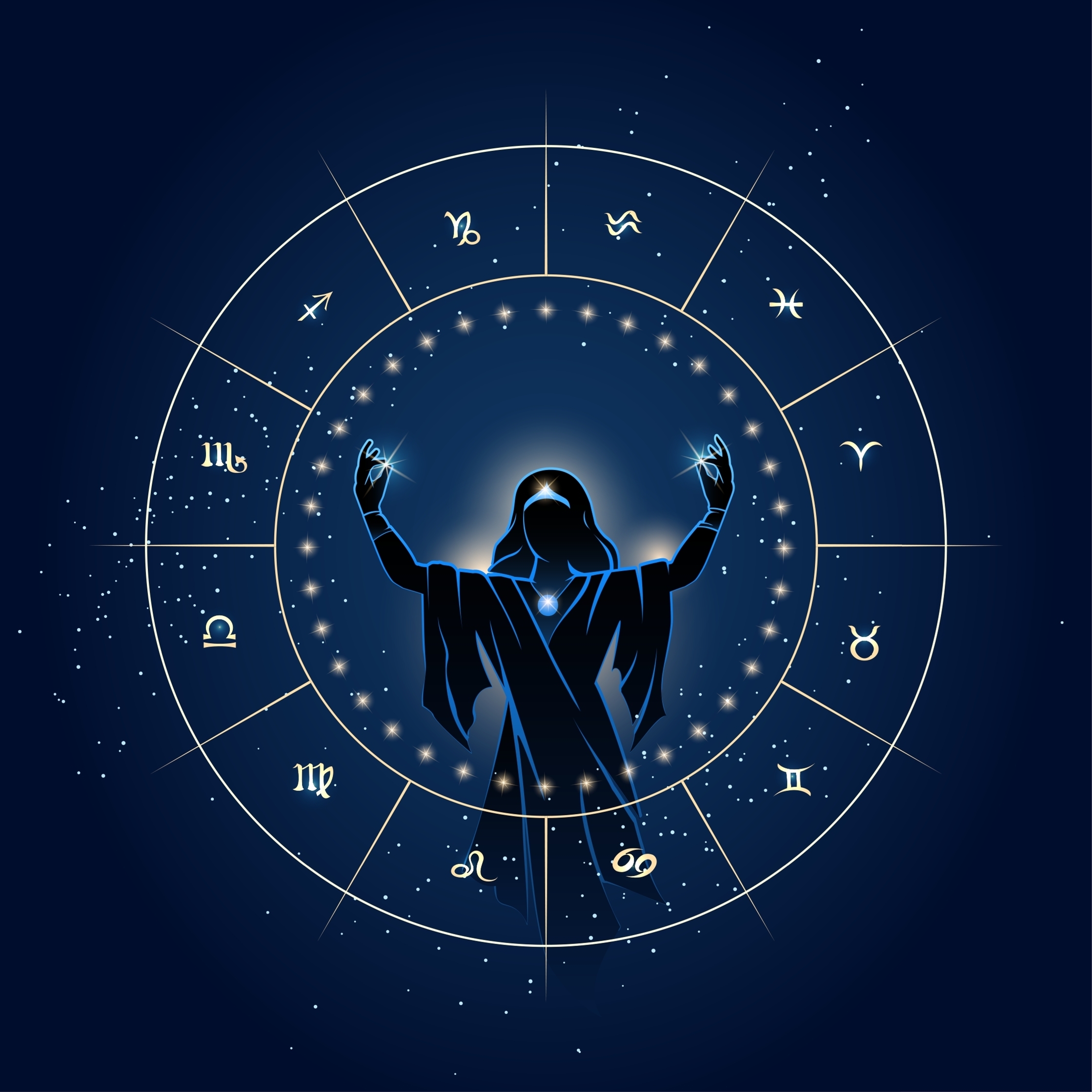 An illustration of the Zodiac chart with a Goddess holding two stars standing in the middle | Source: Shutterstock