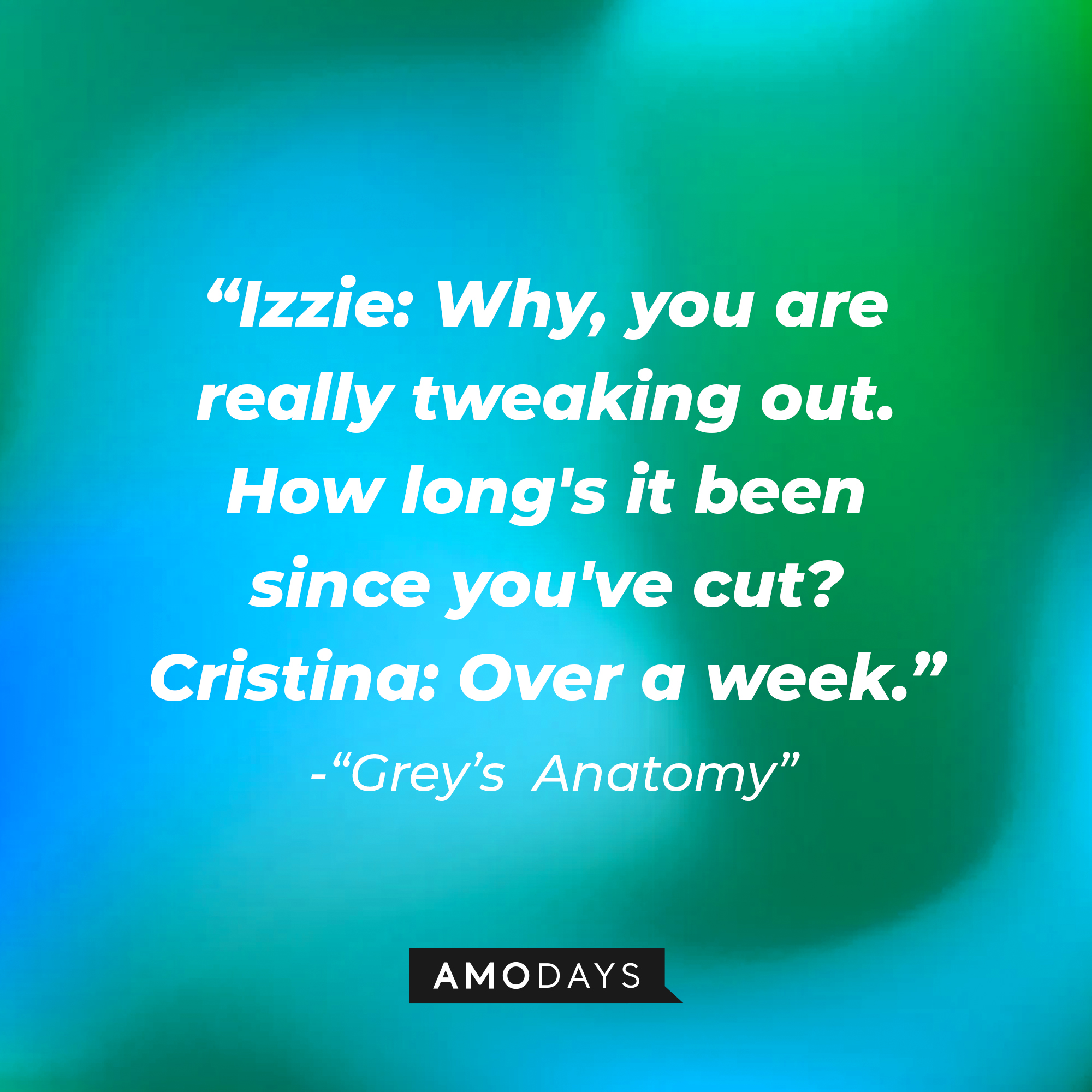 Izzie Stevens' quote: Why, you are realy tweaking out. How long's it been since you've cut?" Cristina: "Over a week." | Image: Amodays