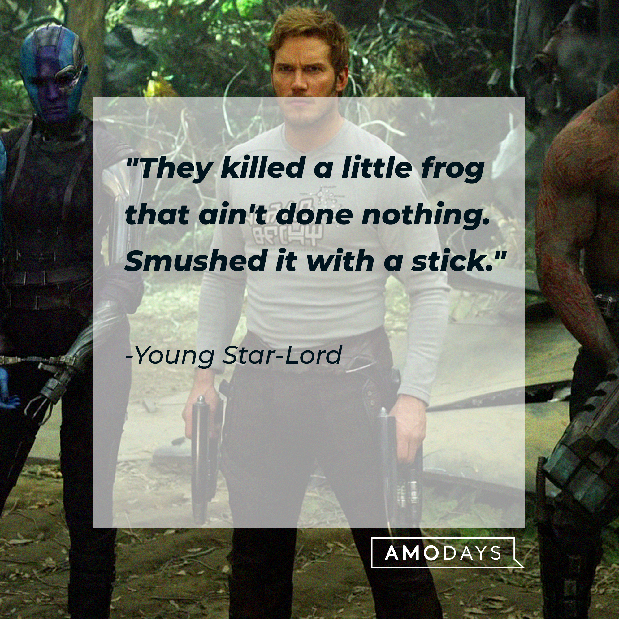 A photo of from "Guardians of the Galaxy" with Star-Lord's quote, "They killed a little frog that ain't done nothing. Smushed it with a stick." | Source: Facebook/guardiansofthegalaxy