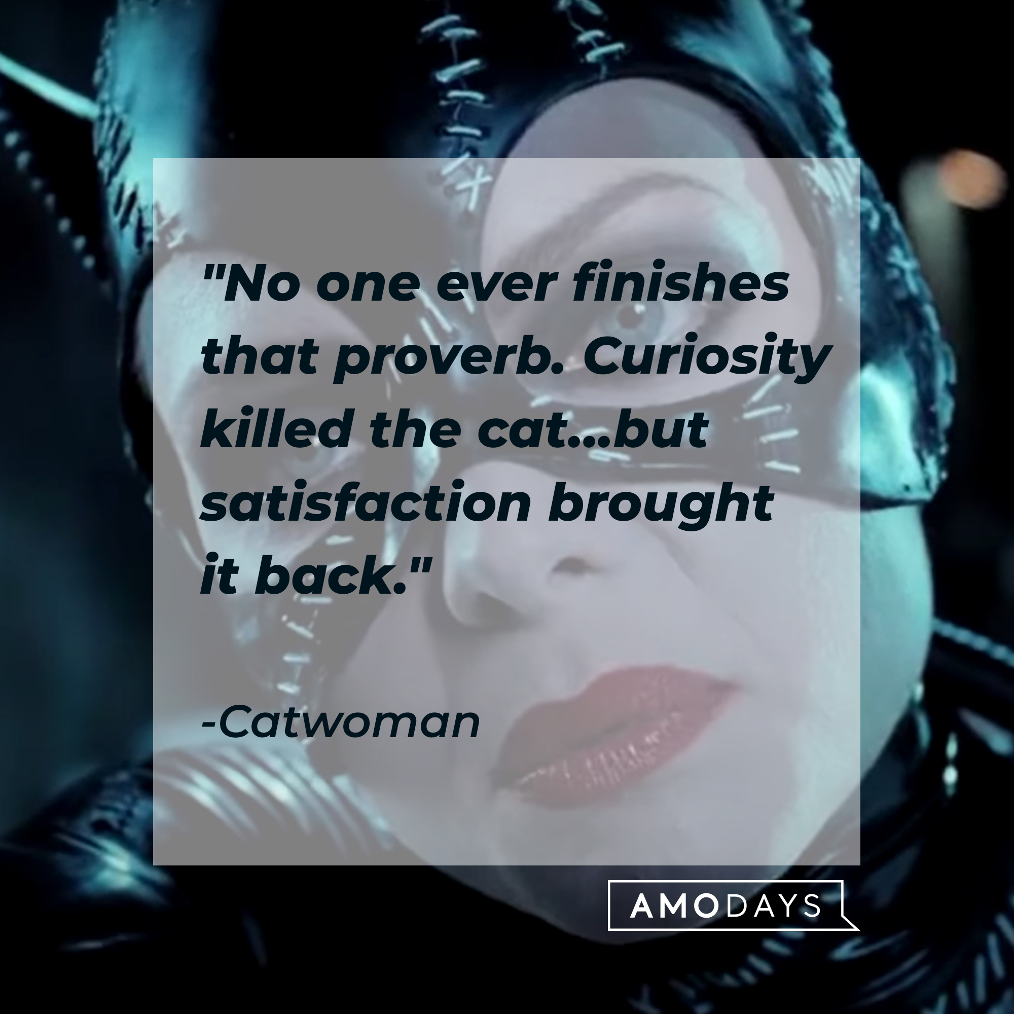 Catwoman's quote: "No one ever finishes that proverb. Curiosity killed the cat…but satisfaction brought it back." | Source: facebook.com/dc