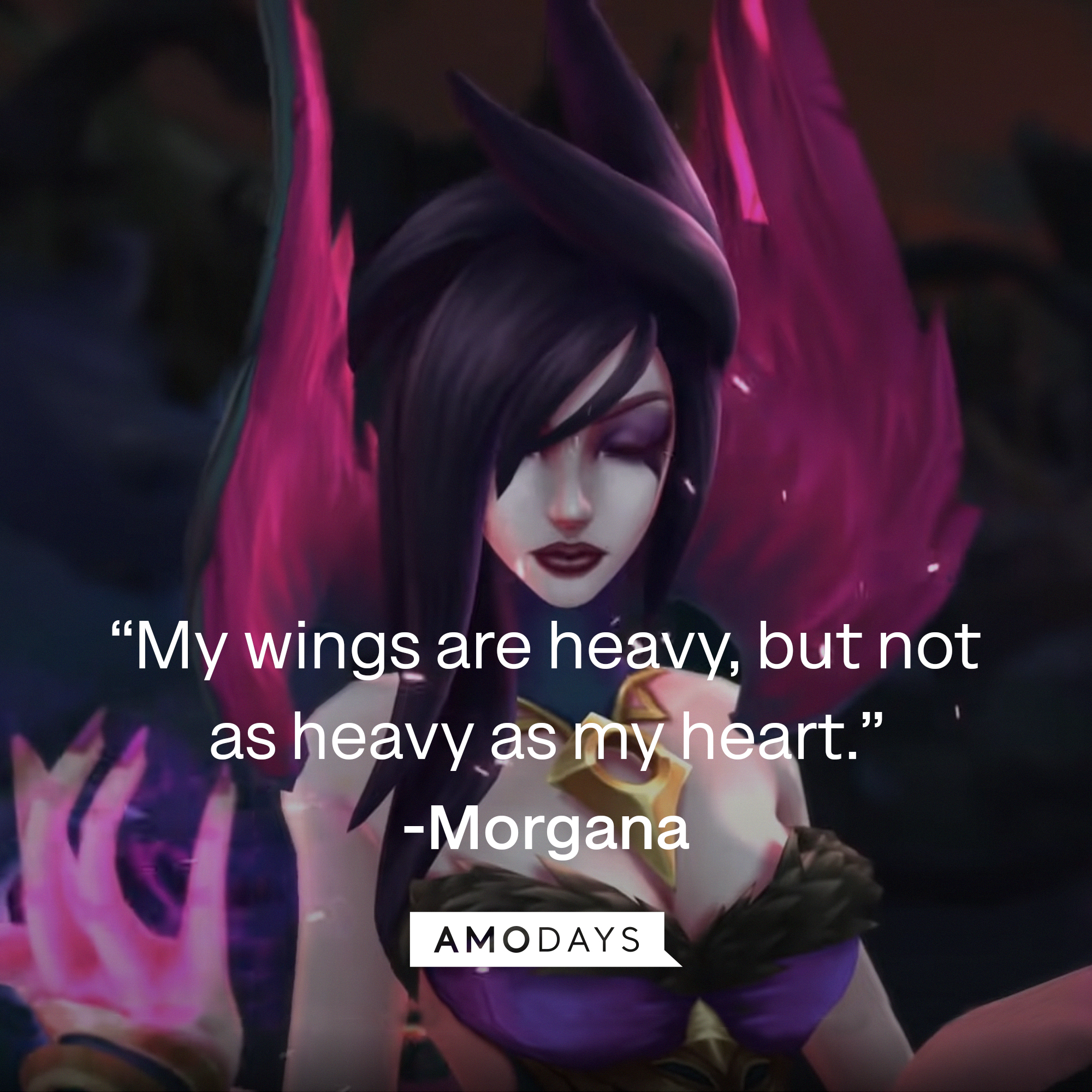 An image of Morgana, with her quote: “My wings are heavy, but not as heavy as my heart.” | Source: Facebook.com/leagueoflegends