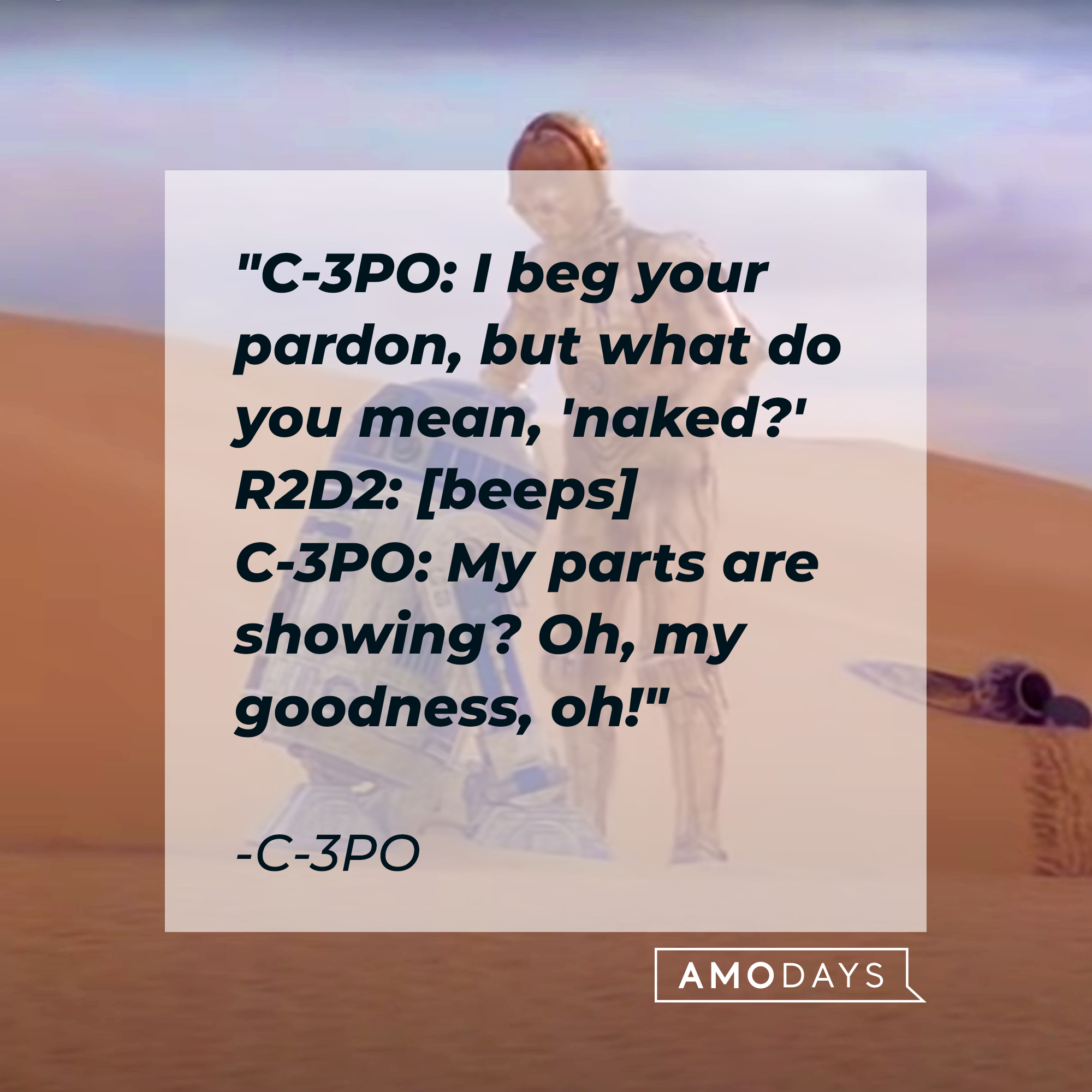 The "Star Wars" quote, "C-3PO: I beg your pardon, but what do you mean, 'naked?' R2D2: [beeps] C-3PO: My parts are showing? Oh, my goodness, oh!" | Source: Facebook/StarWars