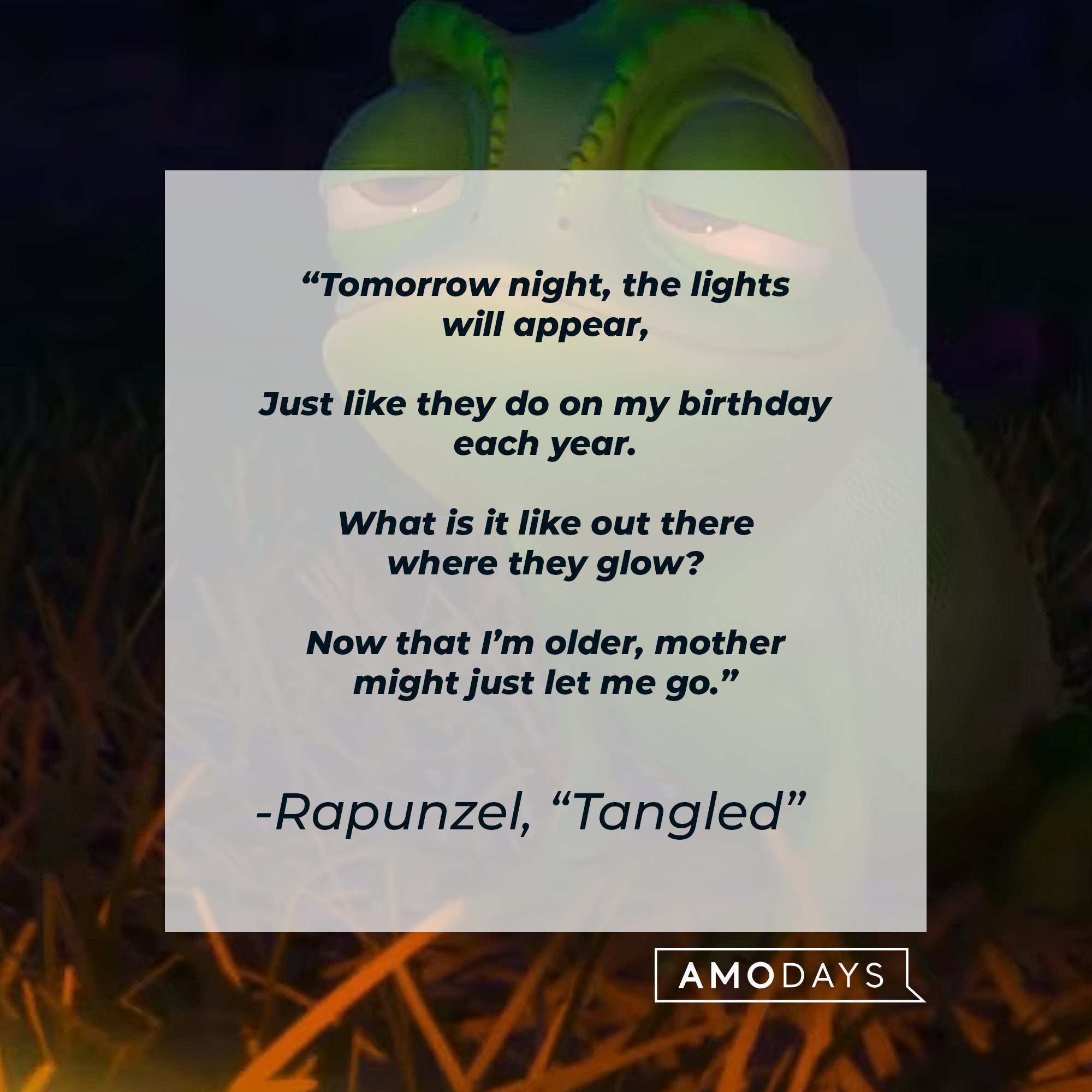 Rapunzel's "Tangled" quote: "Tomorrow night, the lights will appear, / Just like they do on my birthday each year. / What is it like out there where they glow? / Now that I'm older, mother might just let me go." | Image: AmoDays