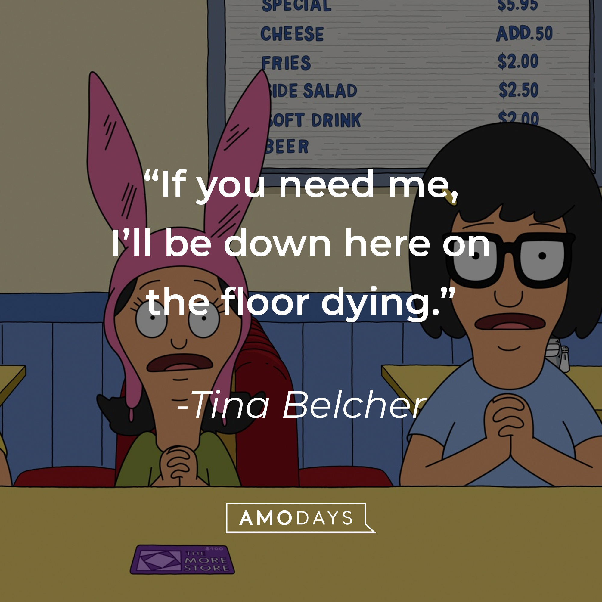 An Image of Tina Belcher with Louise, with Belcher’s quote: “If you need me I’ll be down here on the floor dying.” | Source: Facebook.com/BobsBurgers