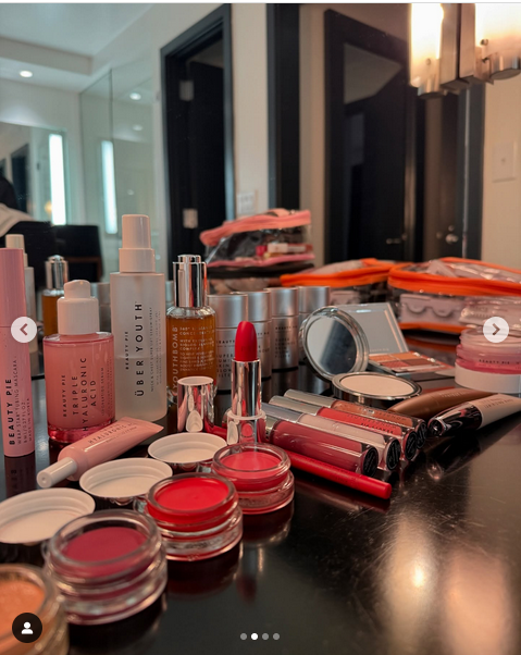 The beauty products Allison Kaye used to glam up Donna Kelce during a makeup session, from a post dated January 19, 2025 | Source: Instagram/allisonkayeglam