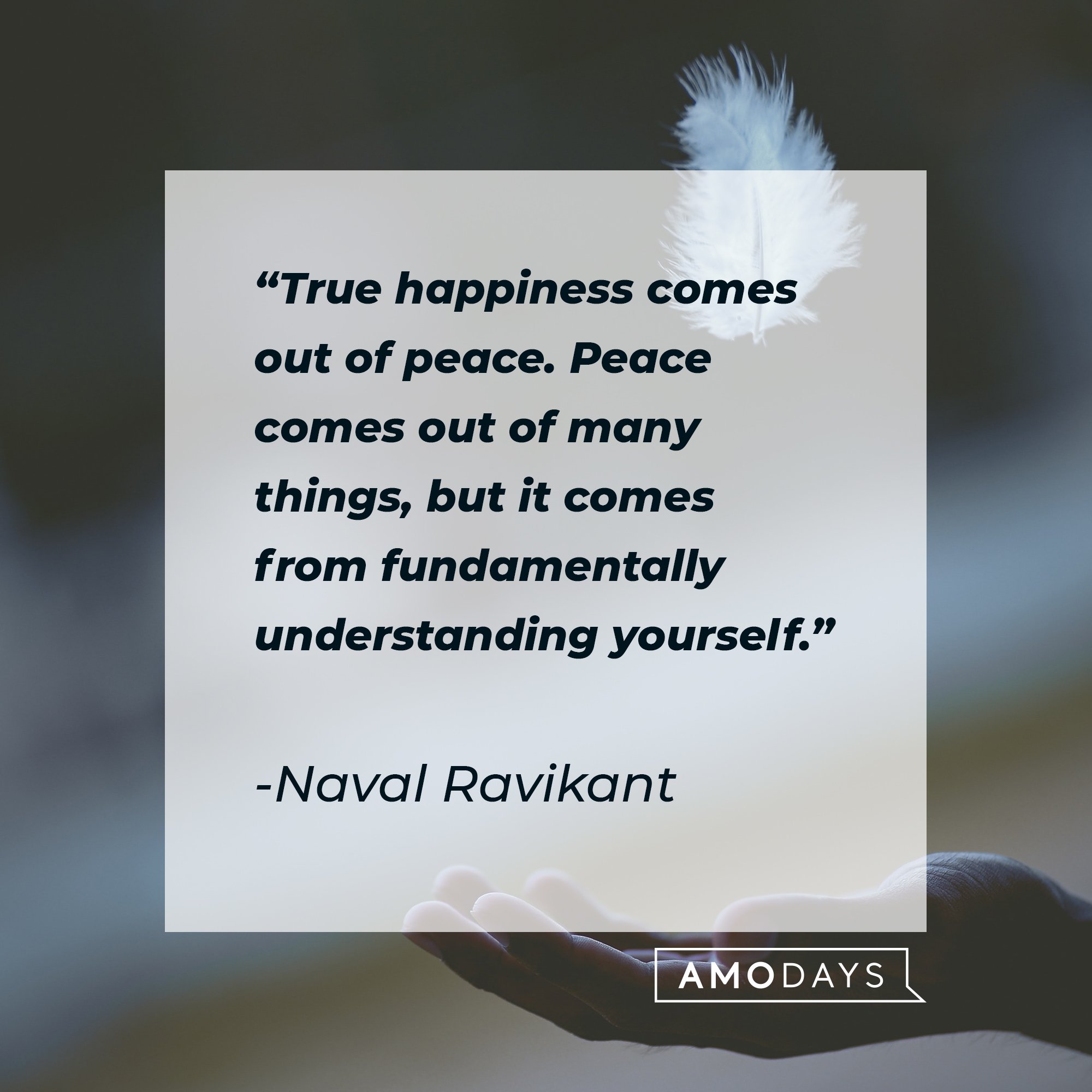 Naval Ravikant's quote: "True happiness comes out of peace. Peace comes out of many things, but it comes from fundamentally understanding yourself." | Image: AmoDays