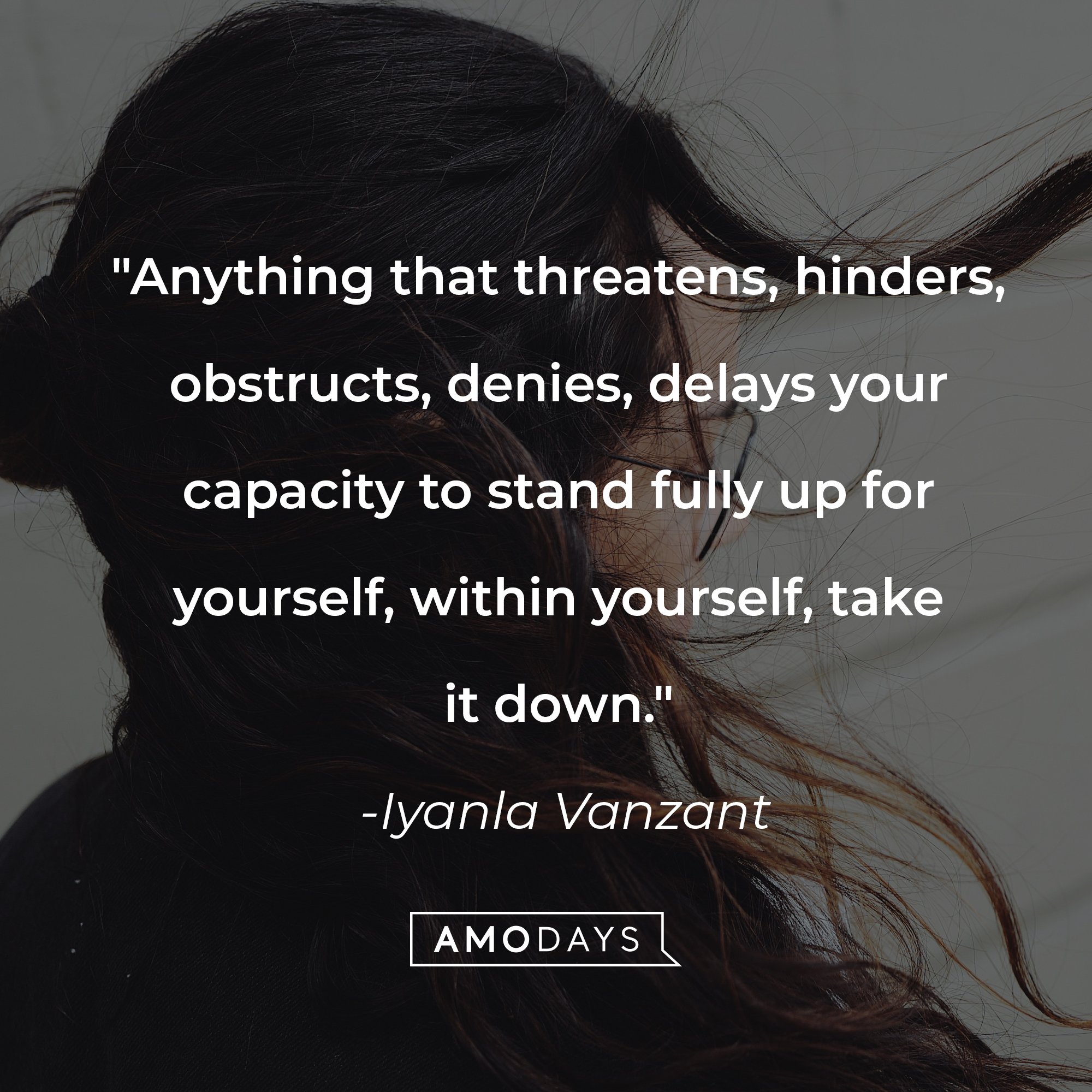 Iyanla Vanzant's quote: "Anything that threatens, hinders, obstructs, denies, delays your capacity to stand fully up for yourself, within yourself, take it down." | Image: AmoDays