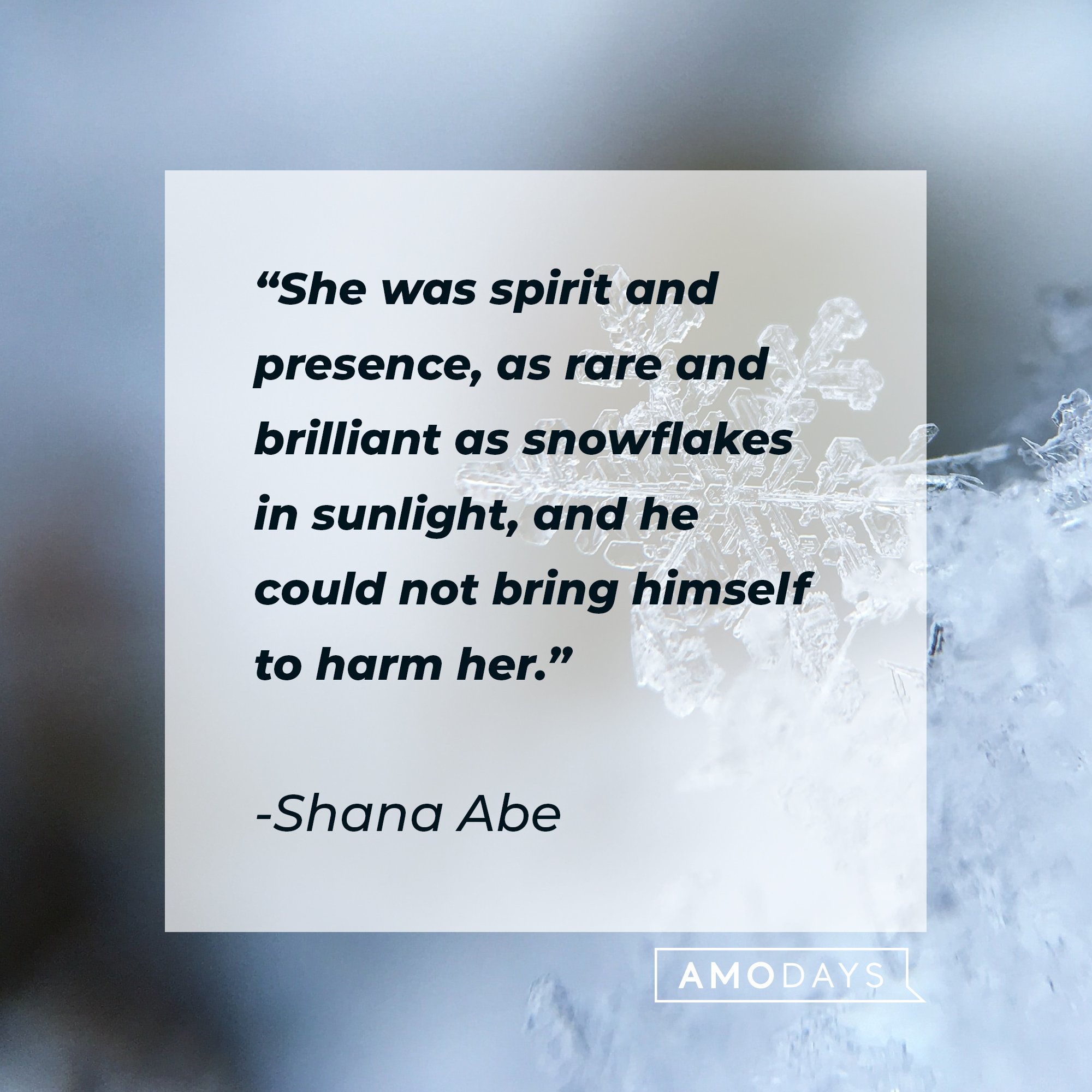 Shana Abe’s quote: "She was spirit and presence, as rare and brilliant as snowflakes in sunlight, and he could not bring himself to harm her." | Image: AmoDays