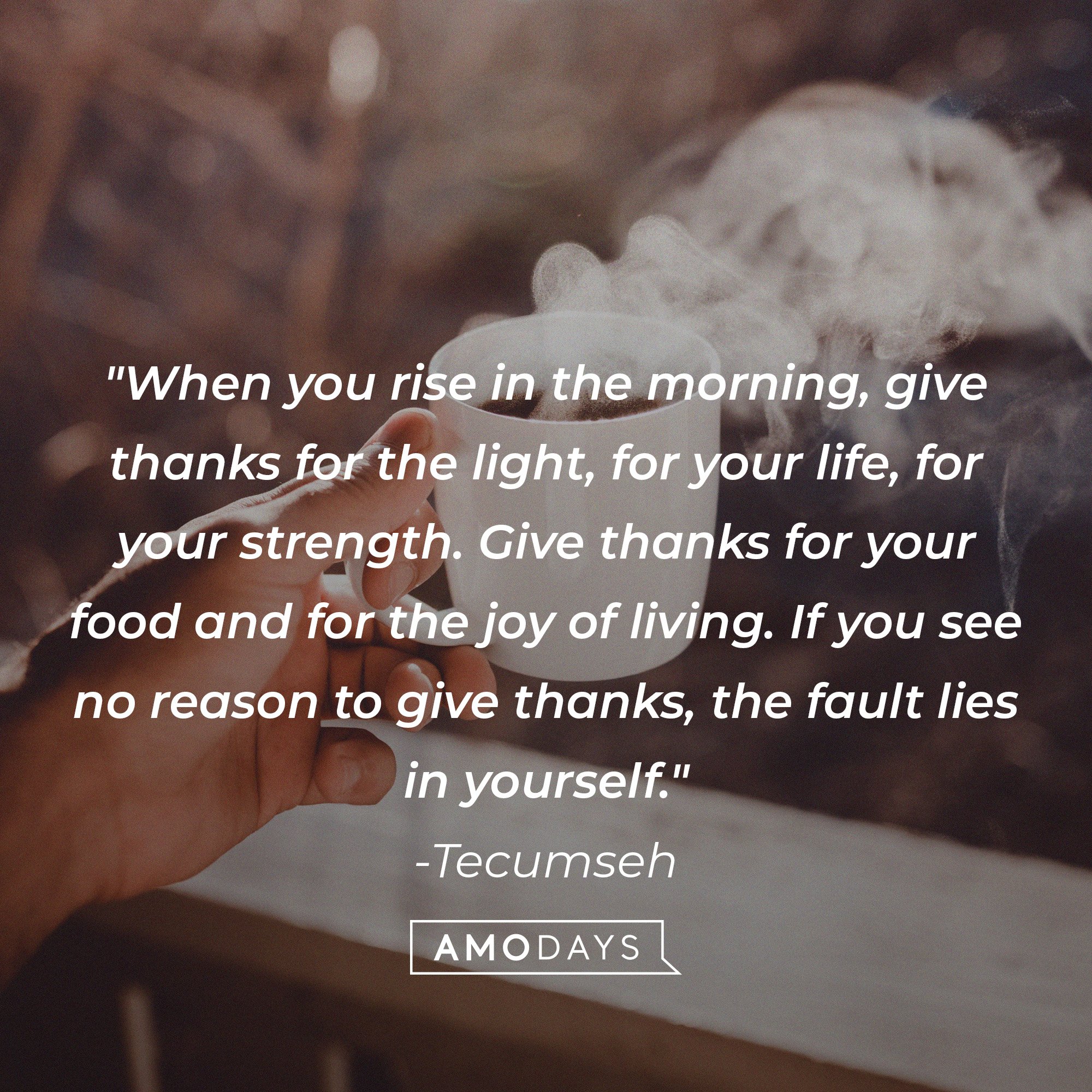 Tecumseh's quote: "When you rise in the morning, give thanks for the light, for your life, for your strength. Give thanks for your food and for the joy of living. If you see no reason to give thanks, the fault lies in yourself." | Image: AmoDays 