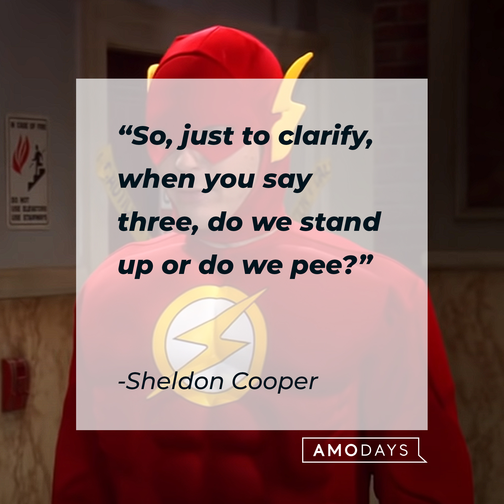 Sheldon Cooper's quote: "So, just to clarify, when you say three, do we stand up or do we pee?" | Source: youtube.com/warnerbrostv