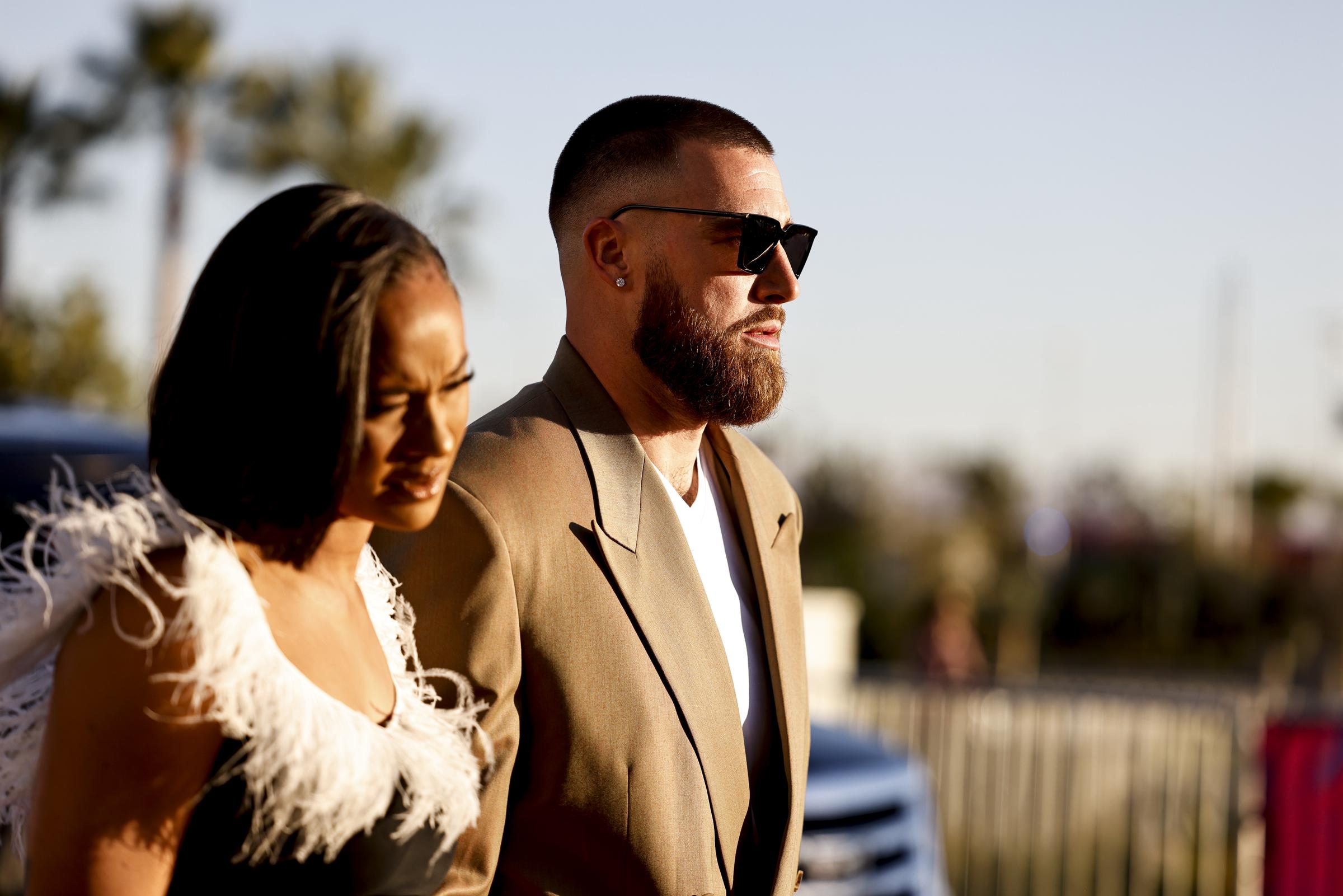 Travis Kelce and girlfriend, Kayla Nicole, arrive to the NFL Honors show at the YouTube Theater on February 10, 2022, in Inglewood, California | Source: Getty Images