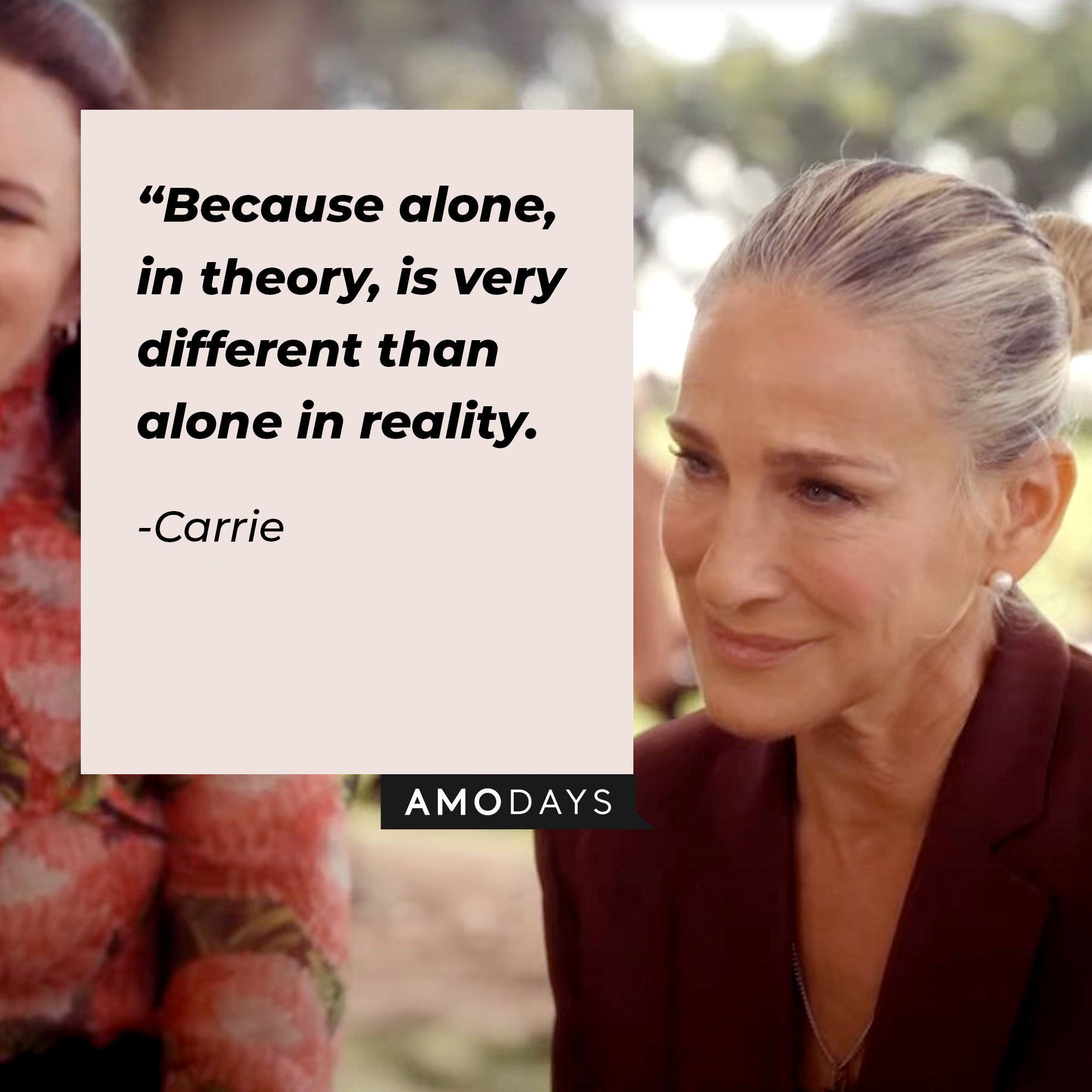 An image of Carrie with her quote: “Because alone, in theory, is very different than alone in reality.” | facebook.com/justlikethatmax