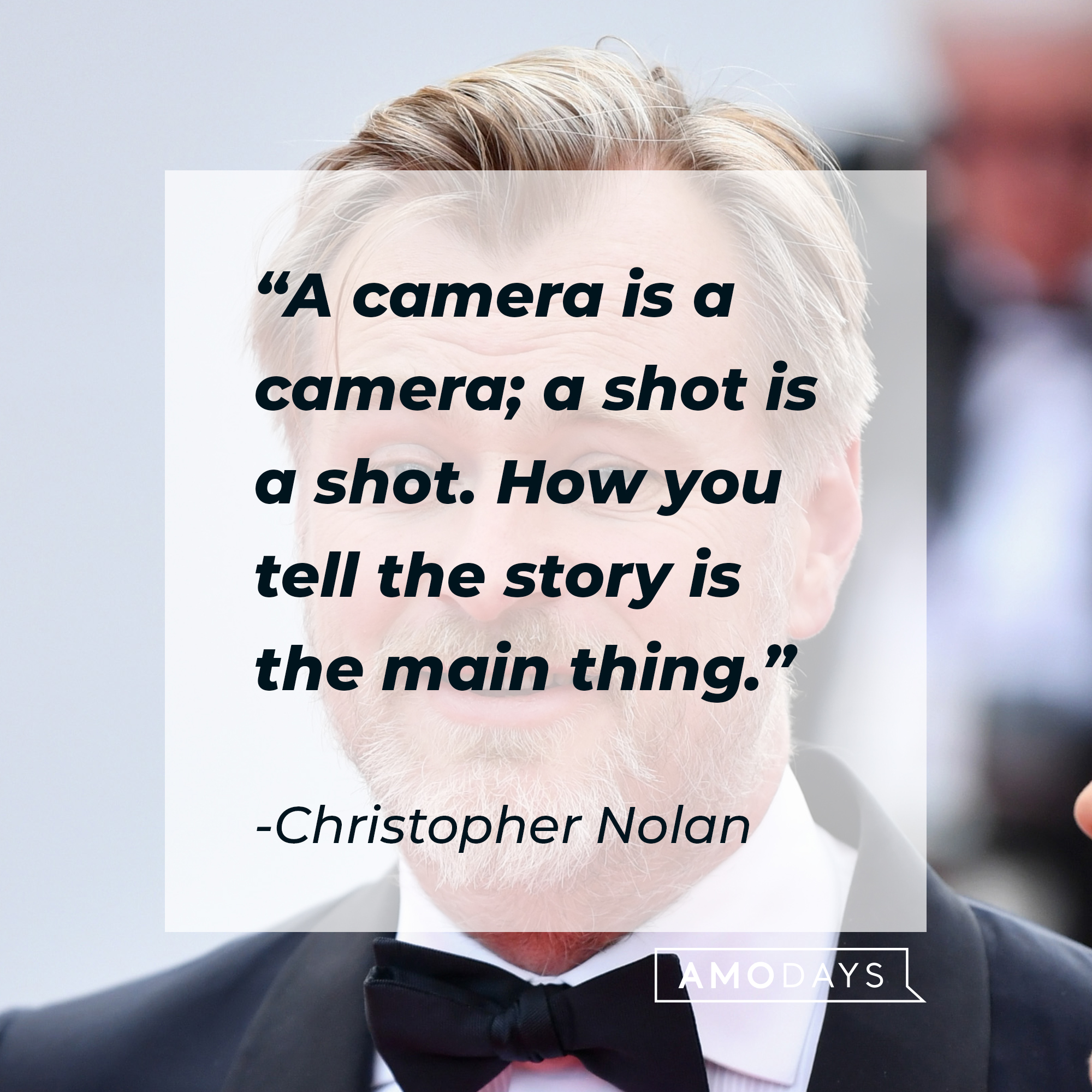 Christopher Nolan, with his quote: “A camera is a camera; a shot is a shot. How you tell the story is the main thing.” | Source: Getty Images