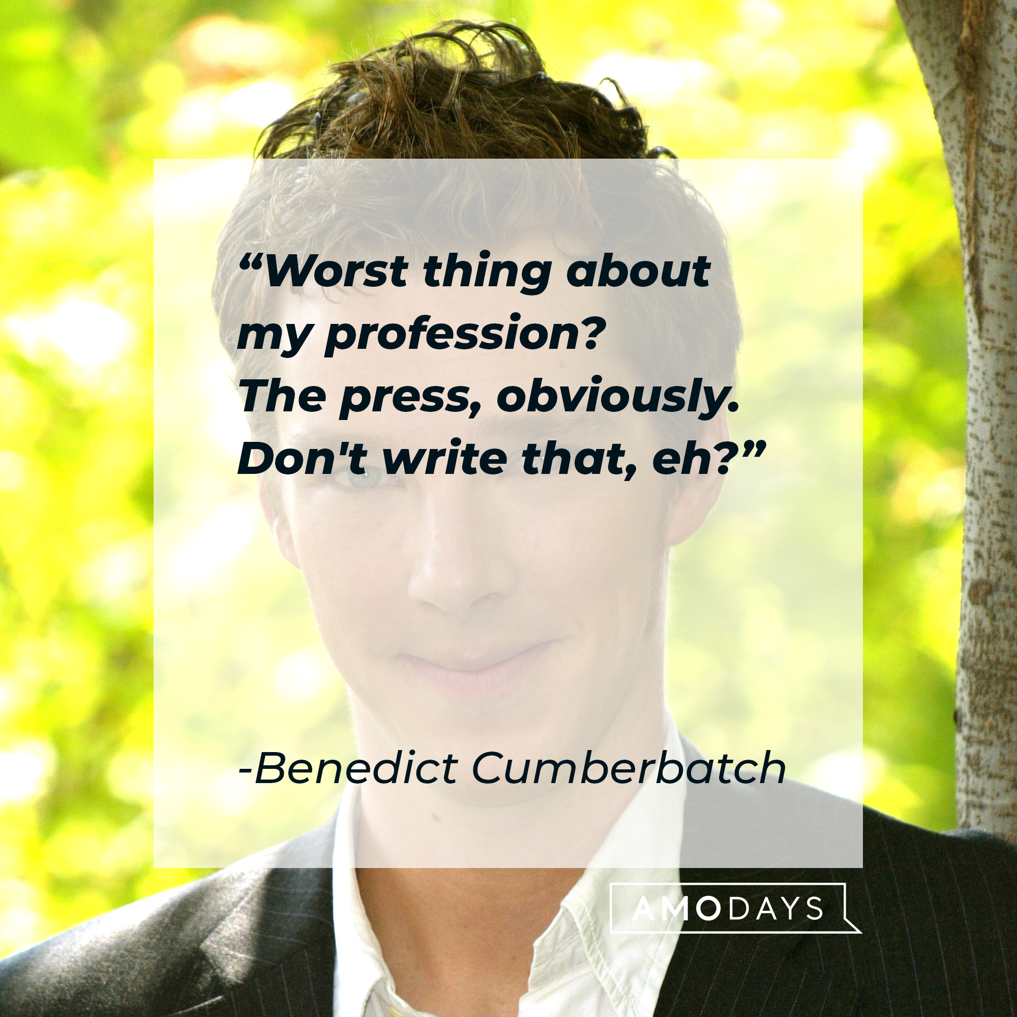 Benedict Cumberbatch, with his quote:: “Worst thing about my profession? The press, obviously. Don't write that, eh?" | Source: Getty Images