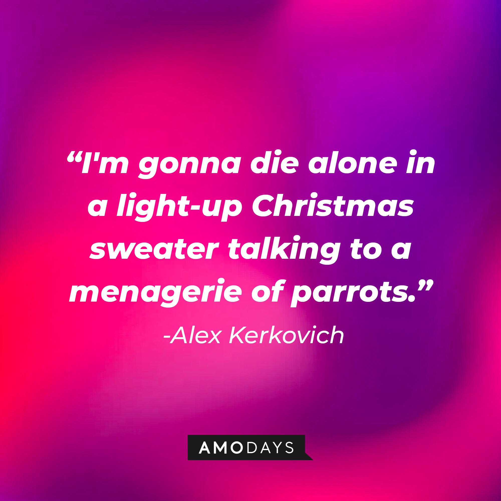 Penny Hartz's quote, "I'm gonna die alone in a light-up Christmas sweater talking to a menagerie of parrots." | Source: Facebook/HappyEndings
