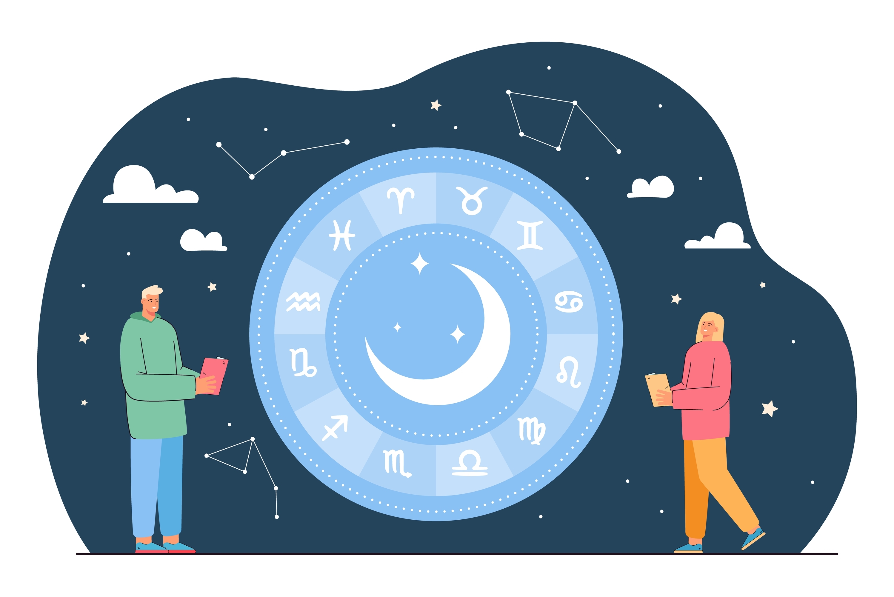 An illustration of a young couple on either side of the Horoscope chart at night | Source: Shutterstock