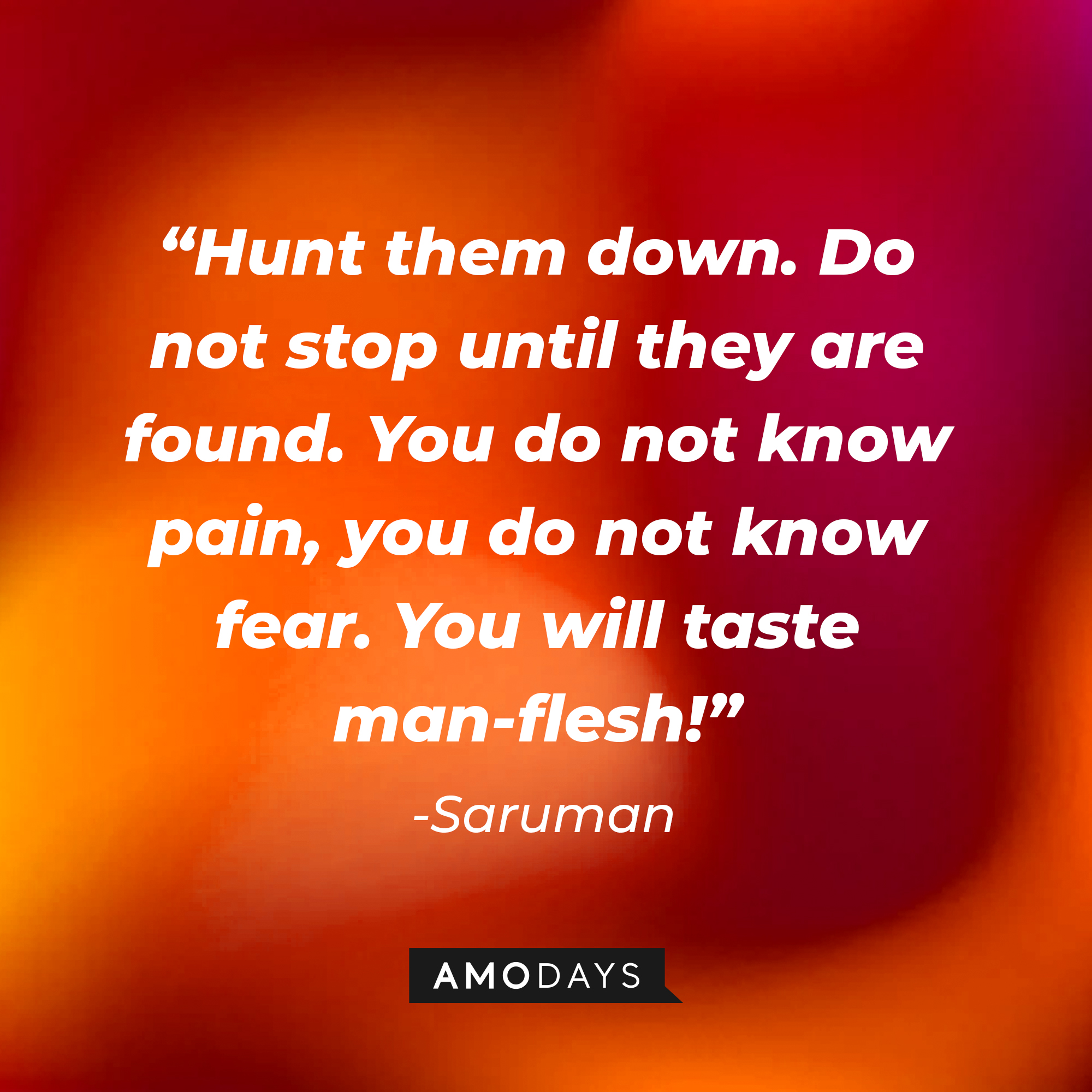 Saruman's quote: “Hunt them down. Do not stop until they are found. You do not know pain, you do not know fear. You will taste man-flesh!” | Source: Amodays