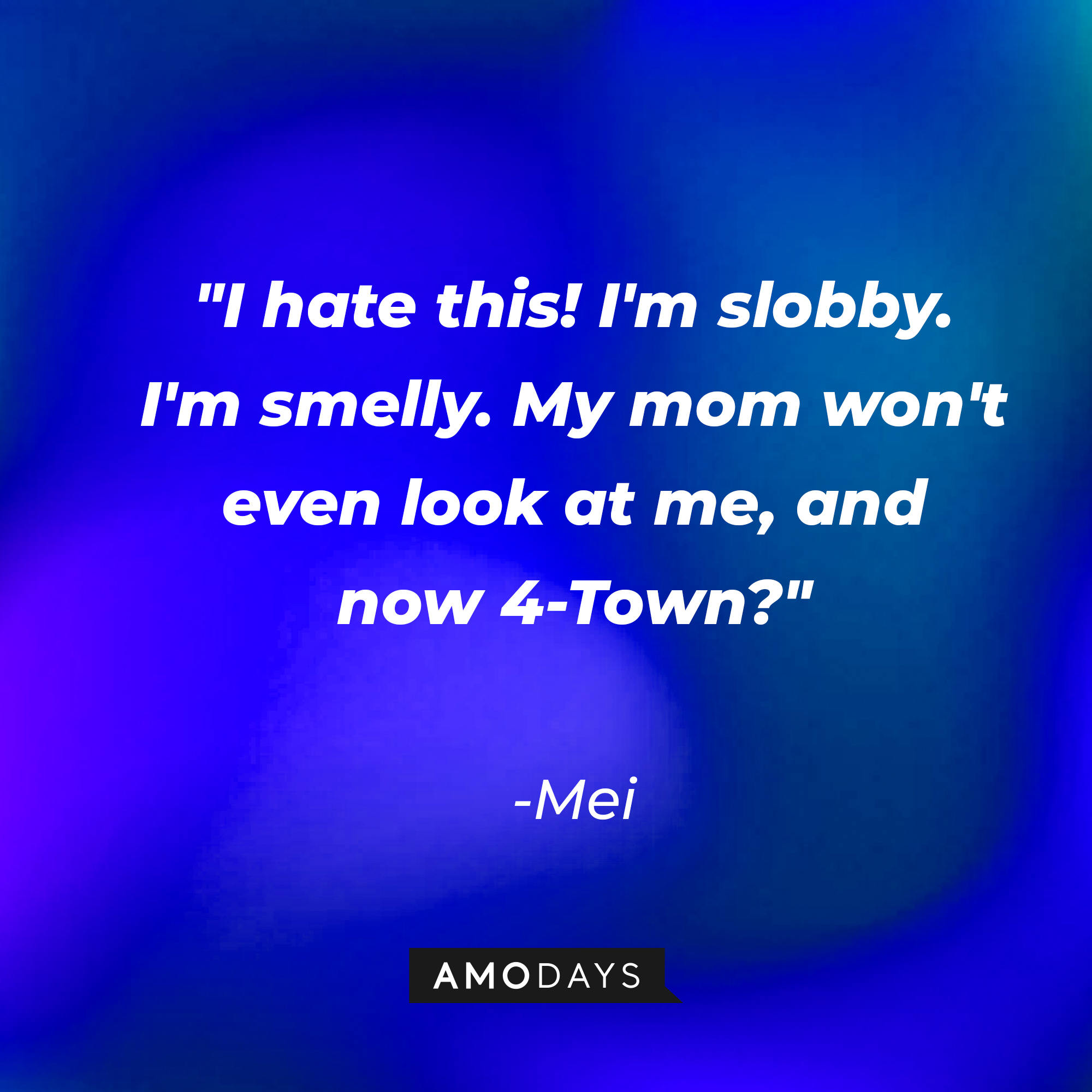 Mei's quote: "I hate this! I'm slobby. I'm smelly. My mom won't even look at me, and now 4-Town?" | Source: AmoDays