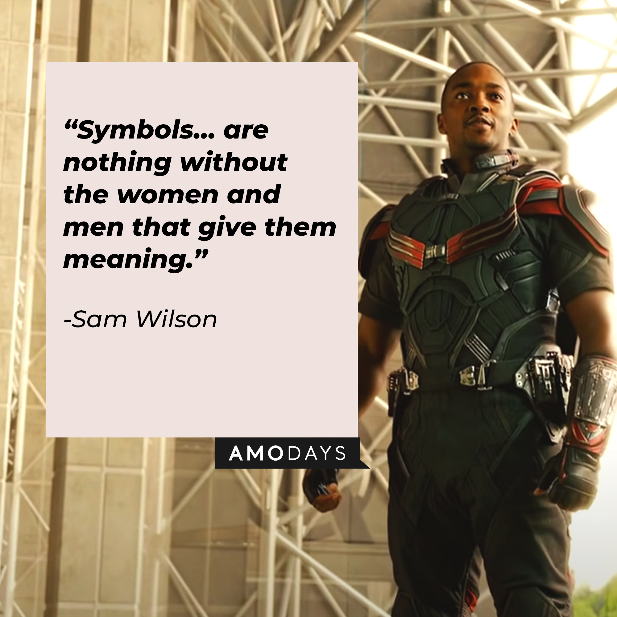 Sam Wilson, with his quote: “Symbols… are nothing without the women and men that give them meaning.” | Source: Youtube.com/marvel