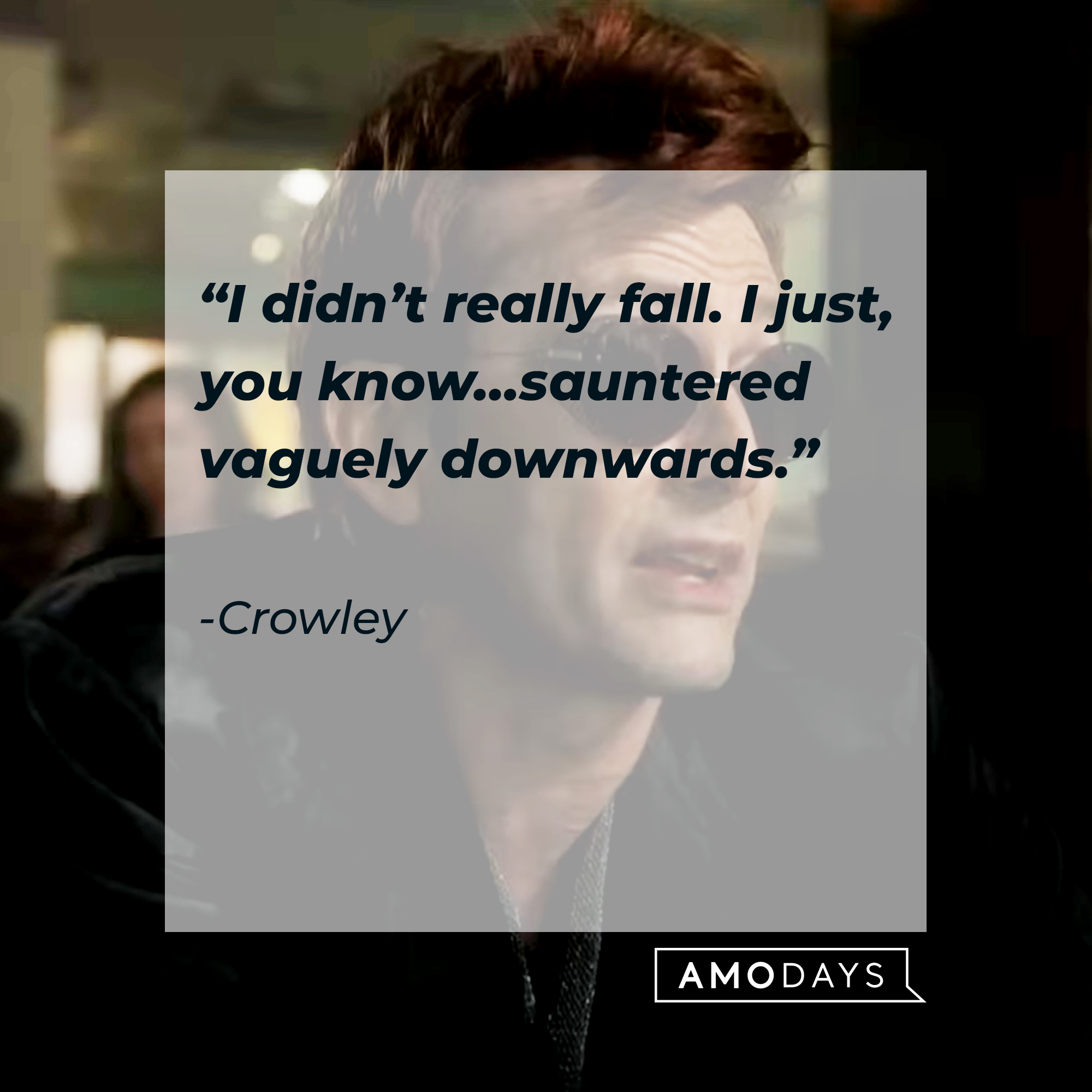 Crowley's quote: "I didn't really fall. I just, you know...sauntered vaguely downwards." | Source: Facebook.com/goodomensprime