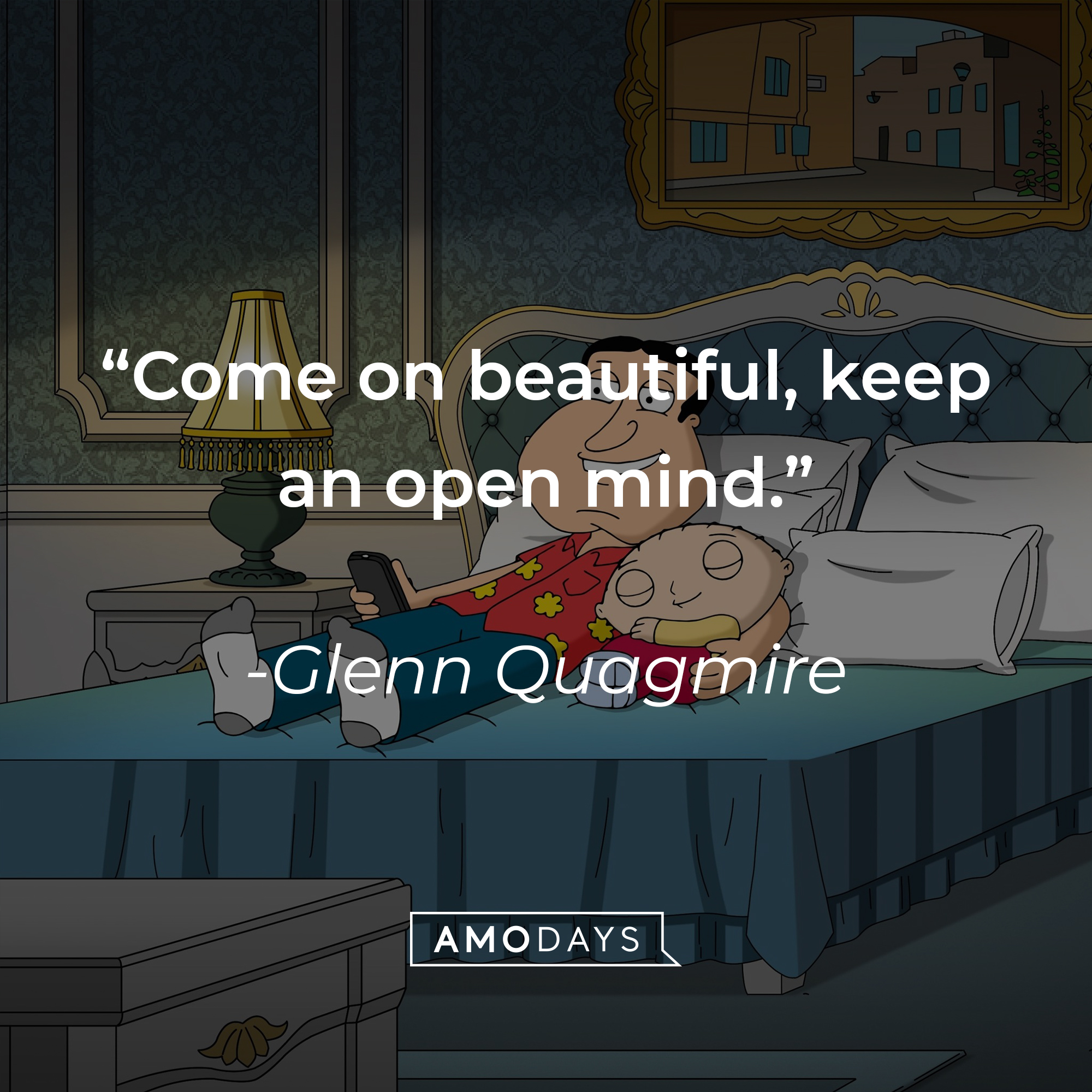 Glenn Quagmire with another character from “Family Guy” and  his quote: “Come on beautiful, keep an open mind.” | Source: facebook.com/FamilyGuy