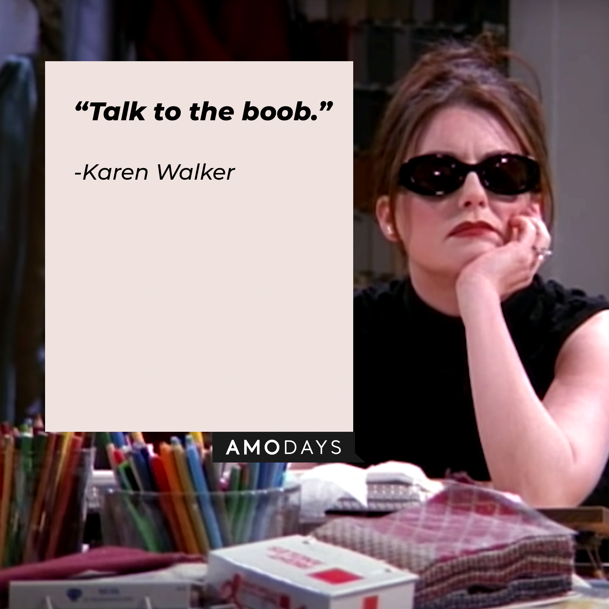 A photo of Karen Walker with the quote, "Talk to the boob." | Source: YouTube/ComedyBites
