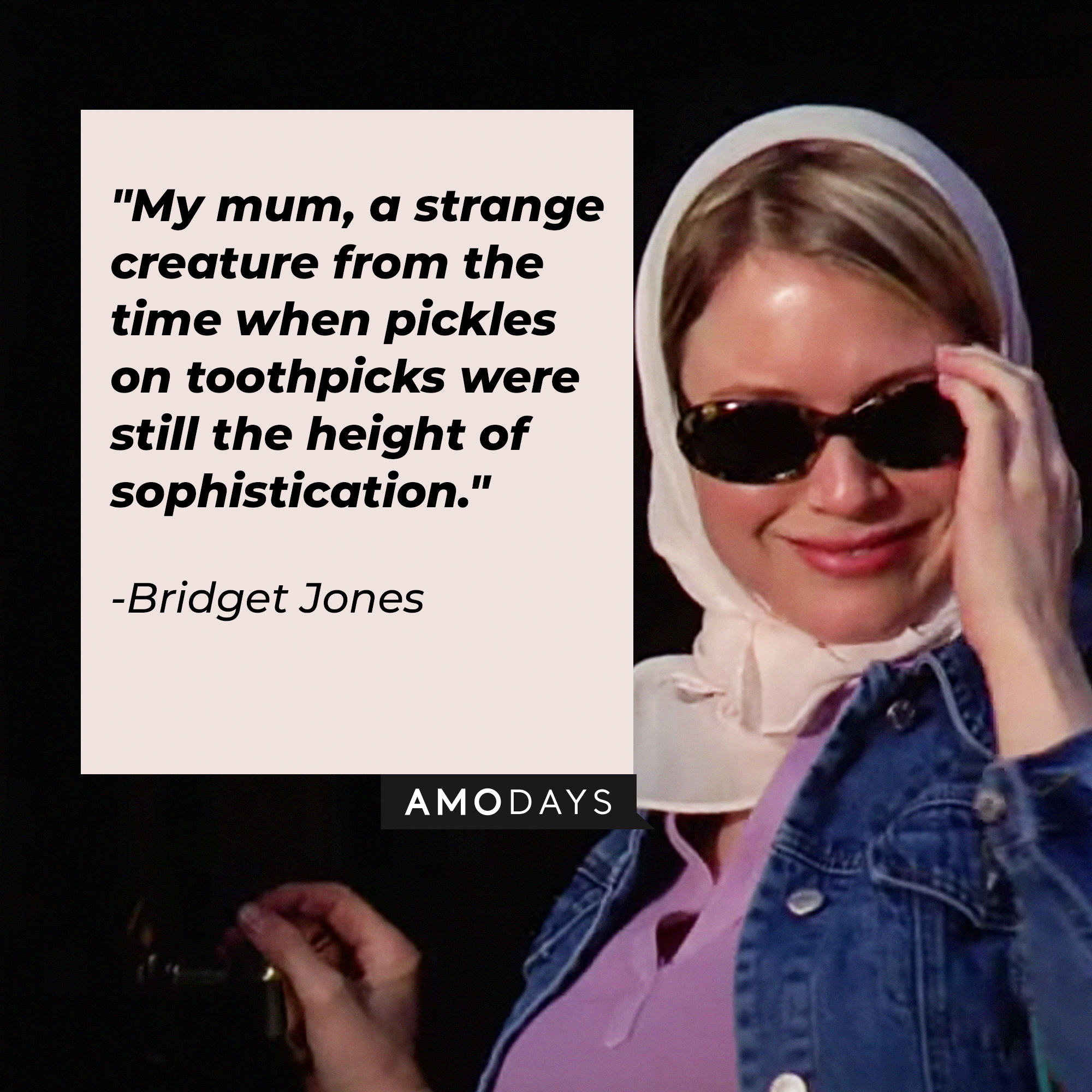 Bridget Jones with her quote in "Bridget Jones's Diary:" "My mum, a strange creature from the time when pickles on toothpicks were still the height of sophistication." | Source: Facebook/BridgetJonessDiary