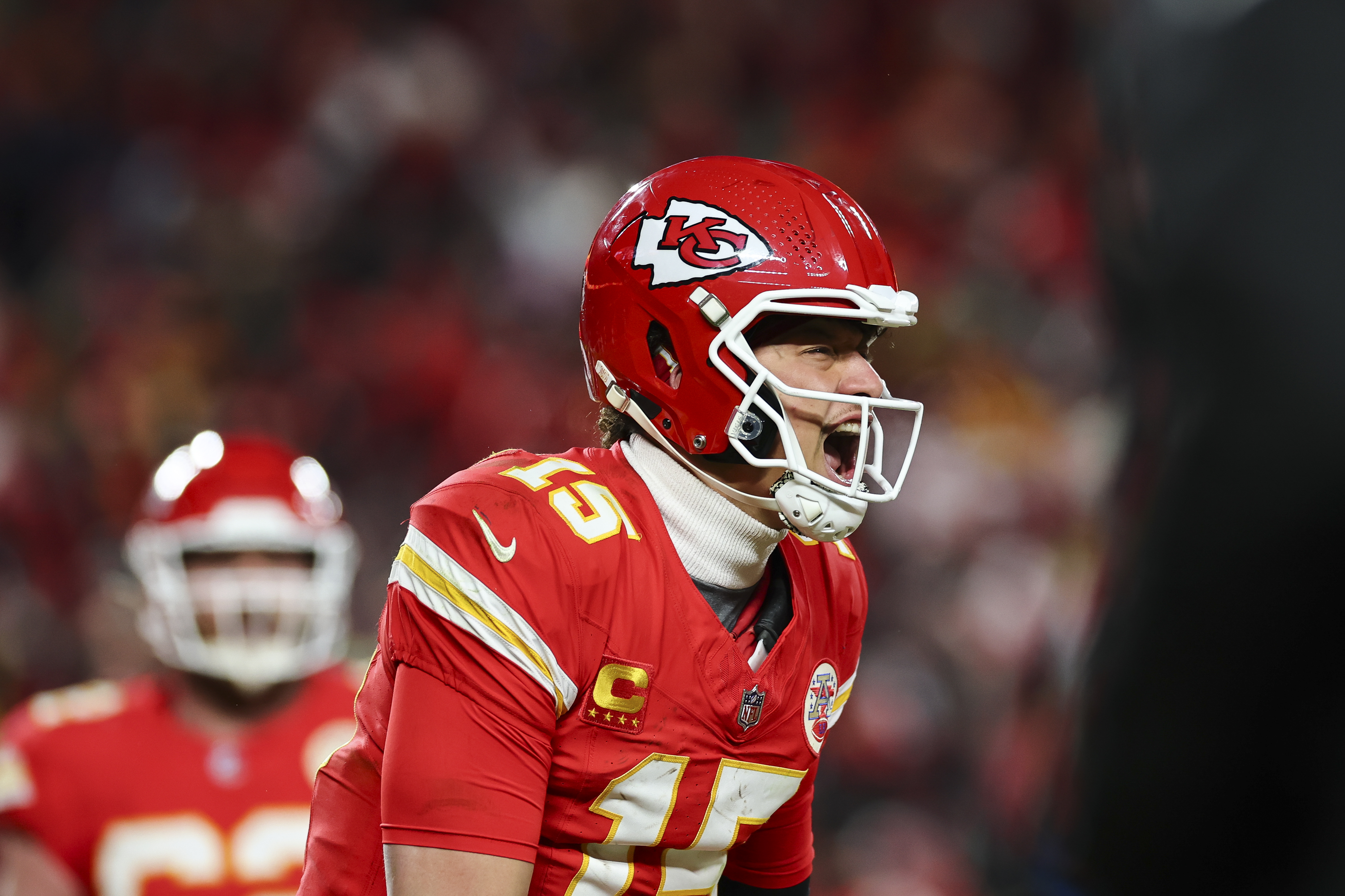 Patrick Mahomes #15 of the Kansas City Chiefs celebrates during the second half of the AFC Divisional playoff game against the Houston Texans at GEHA Field at Arrowhead Stadium on January 18, 2025, in Kansas City, Missouri | Source: Getty Images