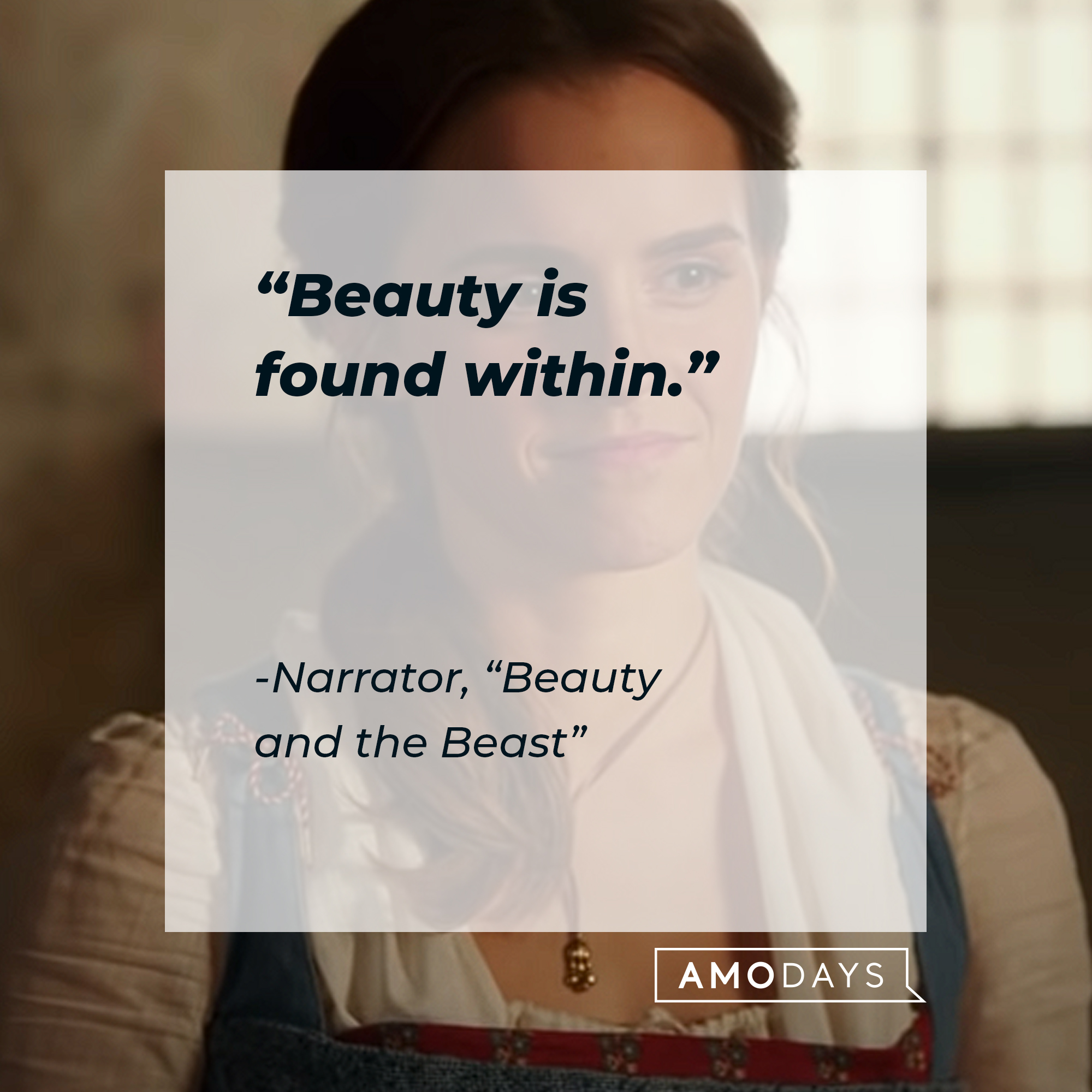 Narrator's "Beauty and the Beast" quote: "Beauty is found within." | Source: Youtube.com/DisneyMovieTrailers