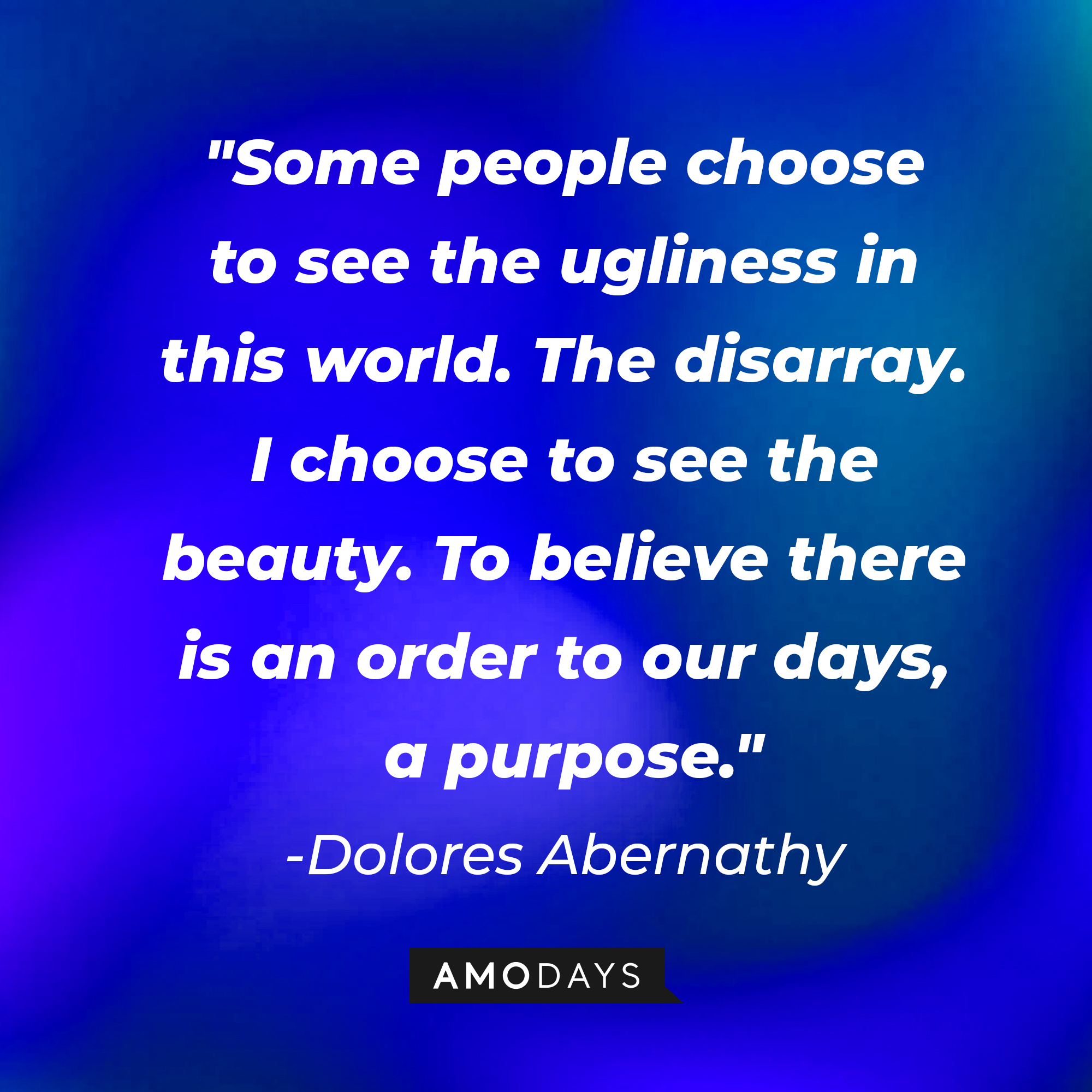 Dolores Abernathy's quote: "Some people choose to see the ugliness in this world. The disarray. I choose to see the beauty. To believe there is an order to our days, a purpose." | Source: AmoDays