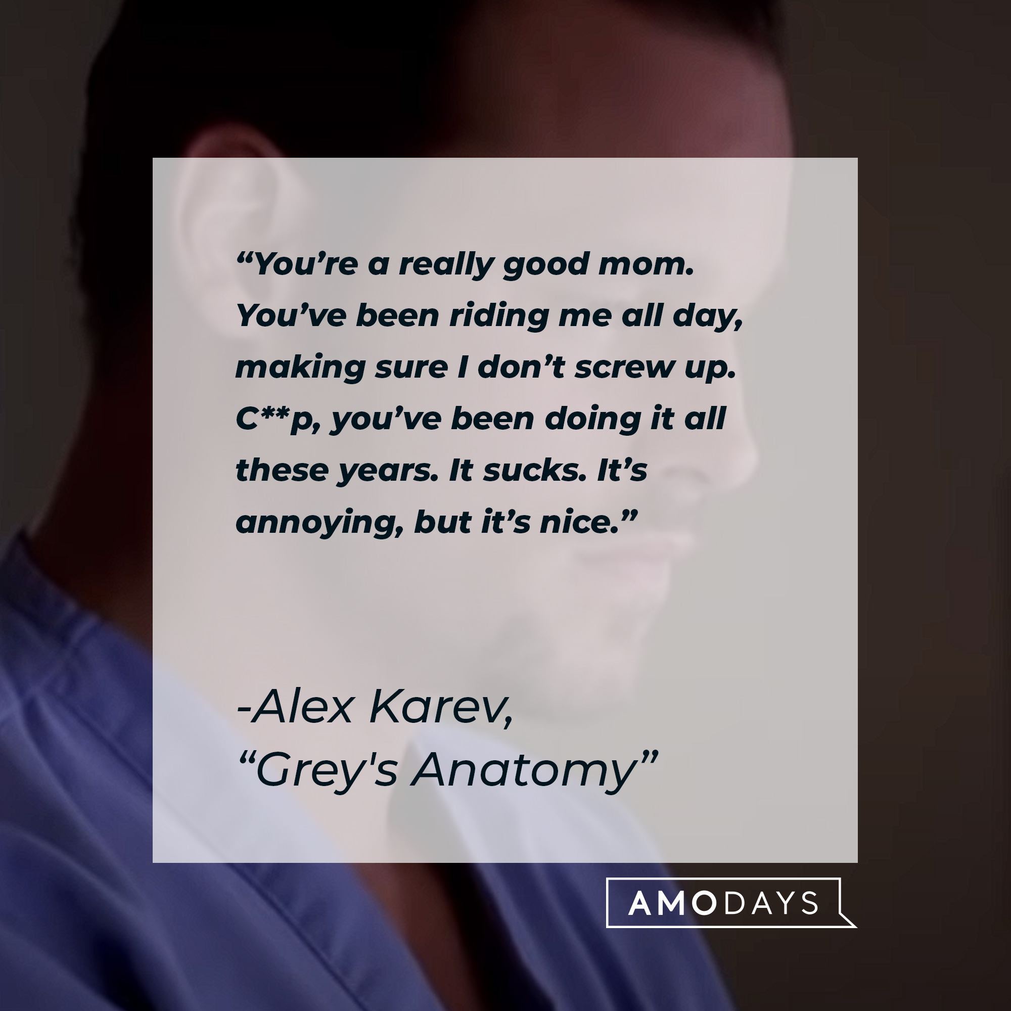 Alex Karev’s quote from “Grey’s Anatomy”: “You’re a really good mom. You’ve been riding me all day, making sure I don’t screw up. C**p, you’ve been doing it all these years. It sucks. It’s annoying, but it’s nice.” | Source: youtube.com/ABCNetworkAlex 