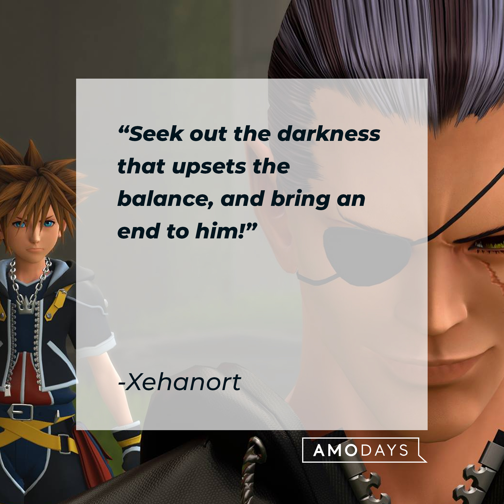 An image of Xigbar and Sora with Xehanort’s quote: "Seek out the darkness that upsets the balance, and bring an end to him!" | Source: facebook.com/KingdomHearts