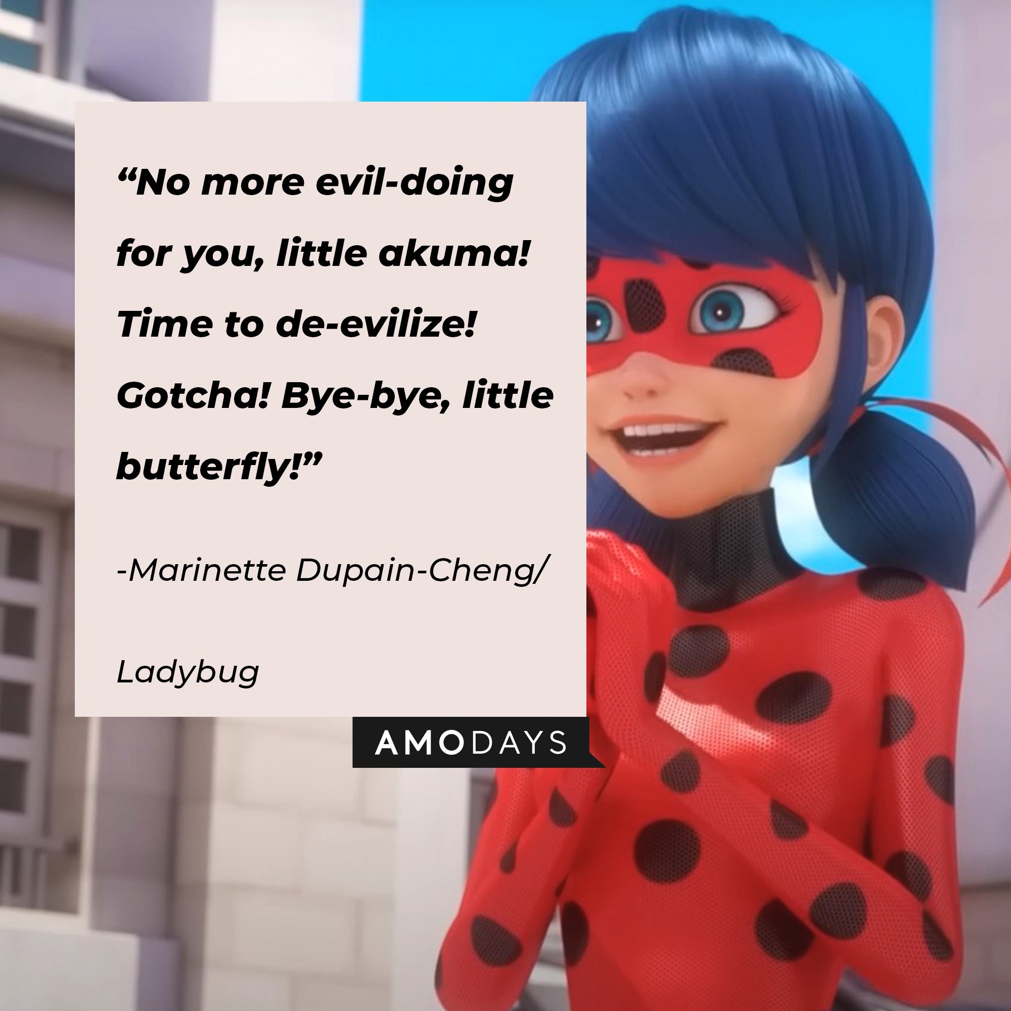 Marinette Dupain-Cheng /Ladybug’s quote: "No more evil-doing for you, little akuma! Time to de-evilize! Gotcha! Bye-bye, little butterfly!" | Image: AmoDays