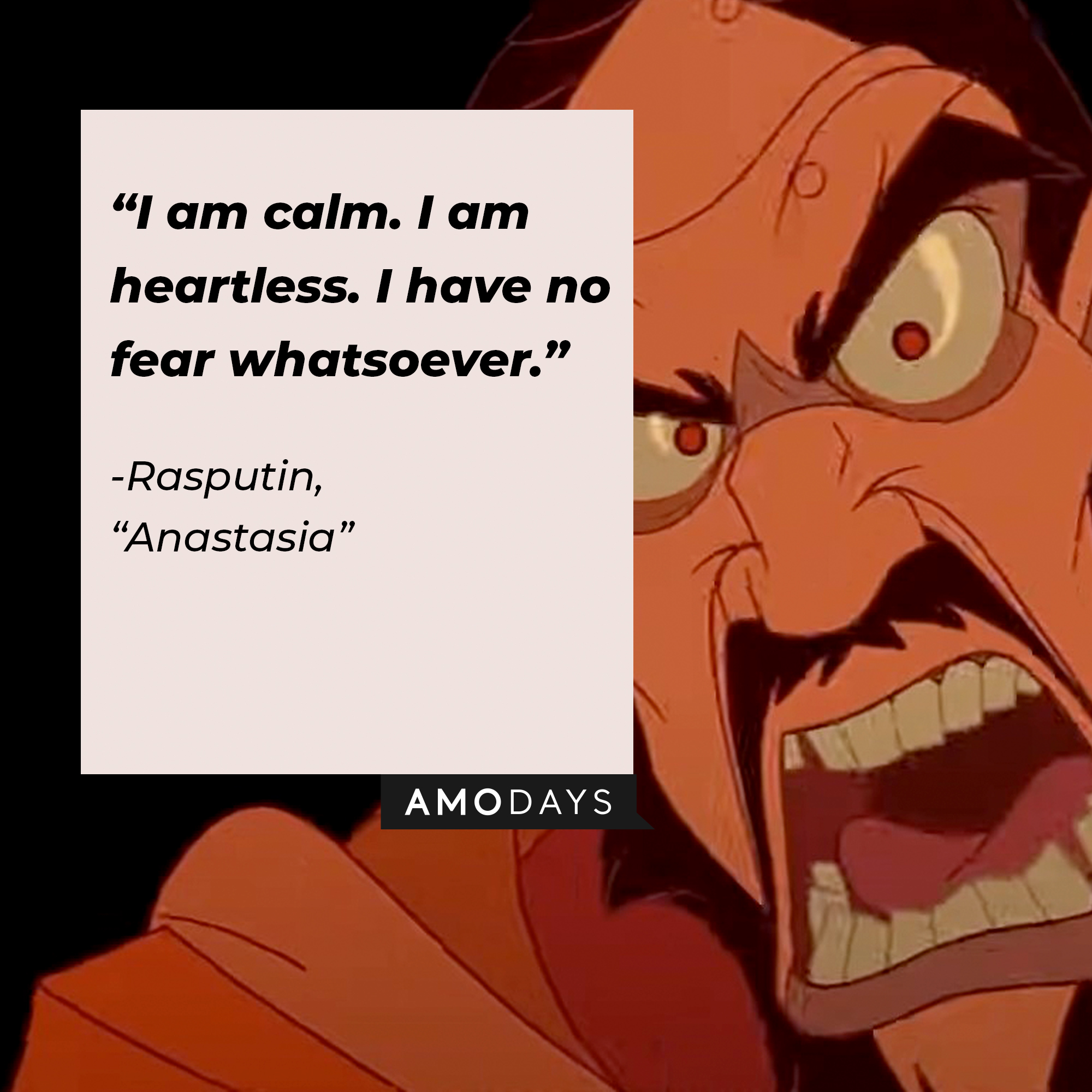 Image of Rasputin with the quote: “I am calm. I am heartless. I have no fear whatsoever.” | Source: Youtube.com/20thCenturyStudios