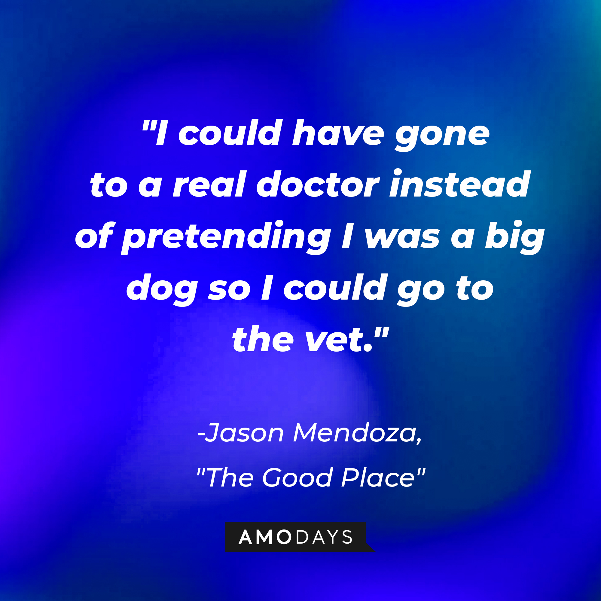 Jason Mendoza's quote in "The Good Place:" “I could have gone to a real doctor instead of pretending I was a big dog so I could go to the vet.” | Source: Amodays